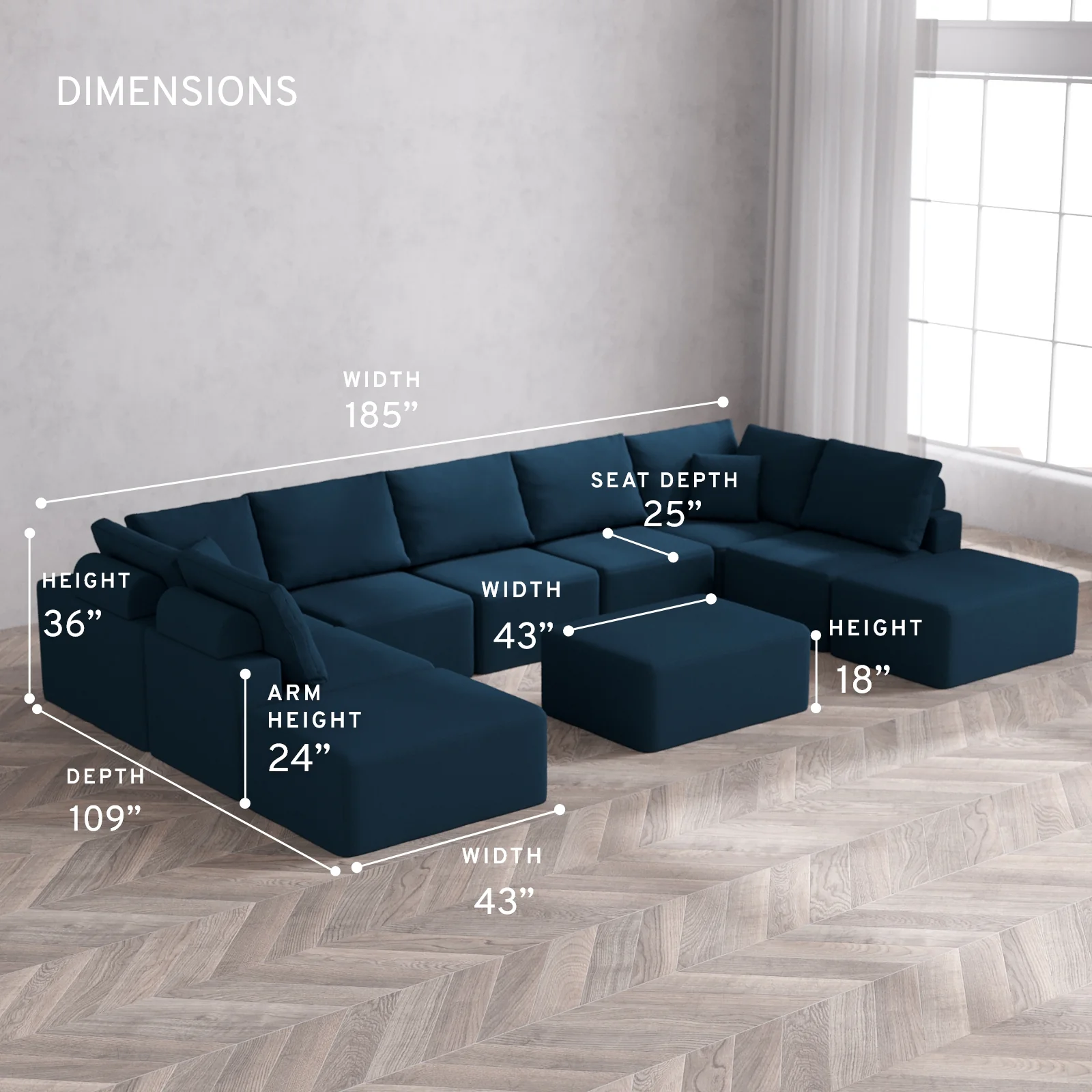 Modular Washable 9-Seater Open-Ends U Sectional + Chaise Ottoman Cloud + Bolster Sofa | Arden Weave in Lazuli - Image 5