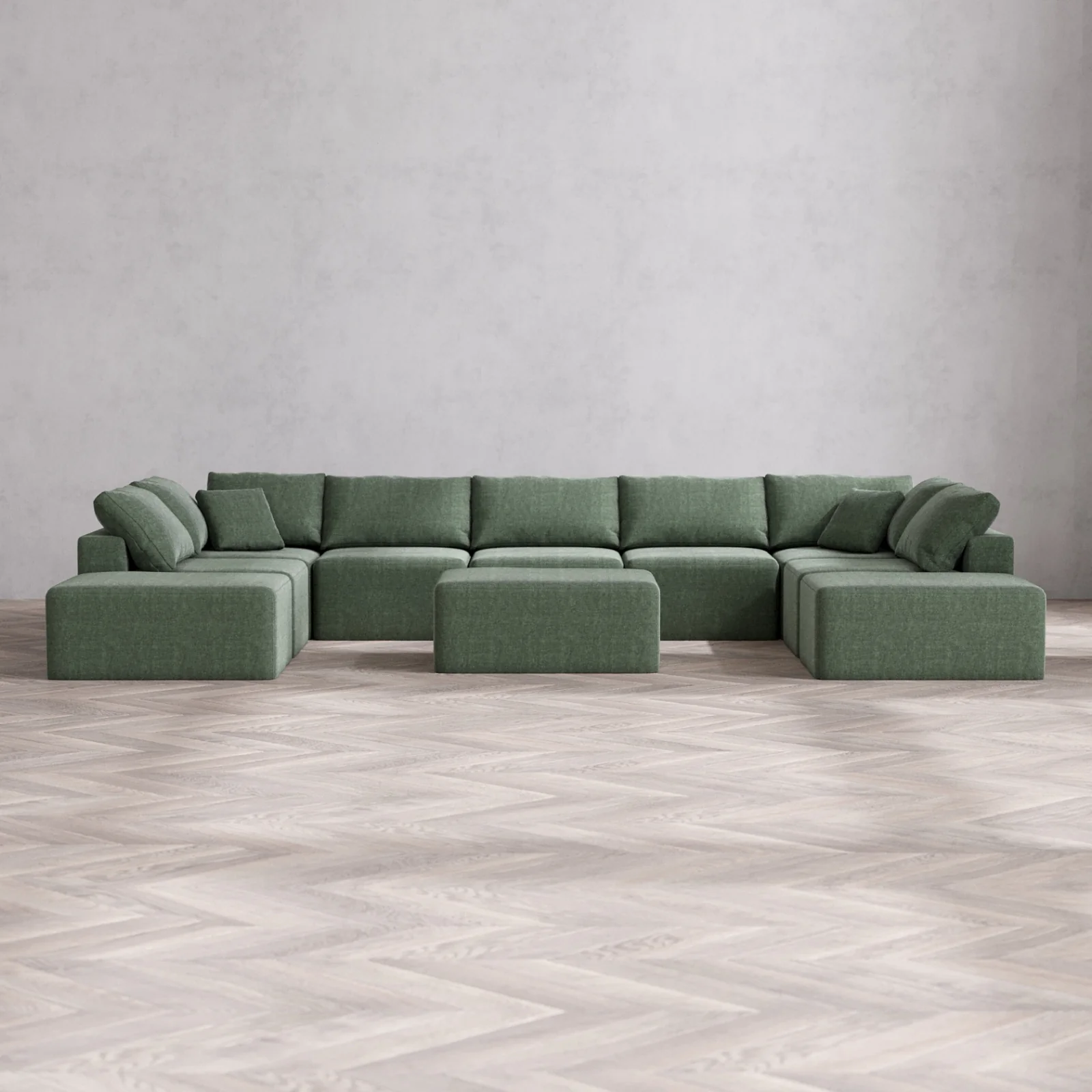 Modular Washable 9-Seater Open-Ends U Sectional + Chaise Ottoman Cloud Sofa | Heirloom Velvet in Sage
