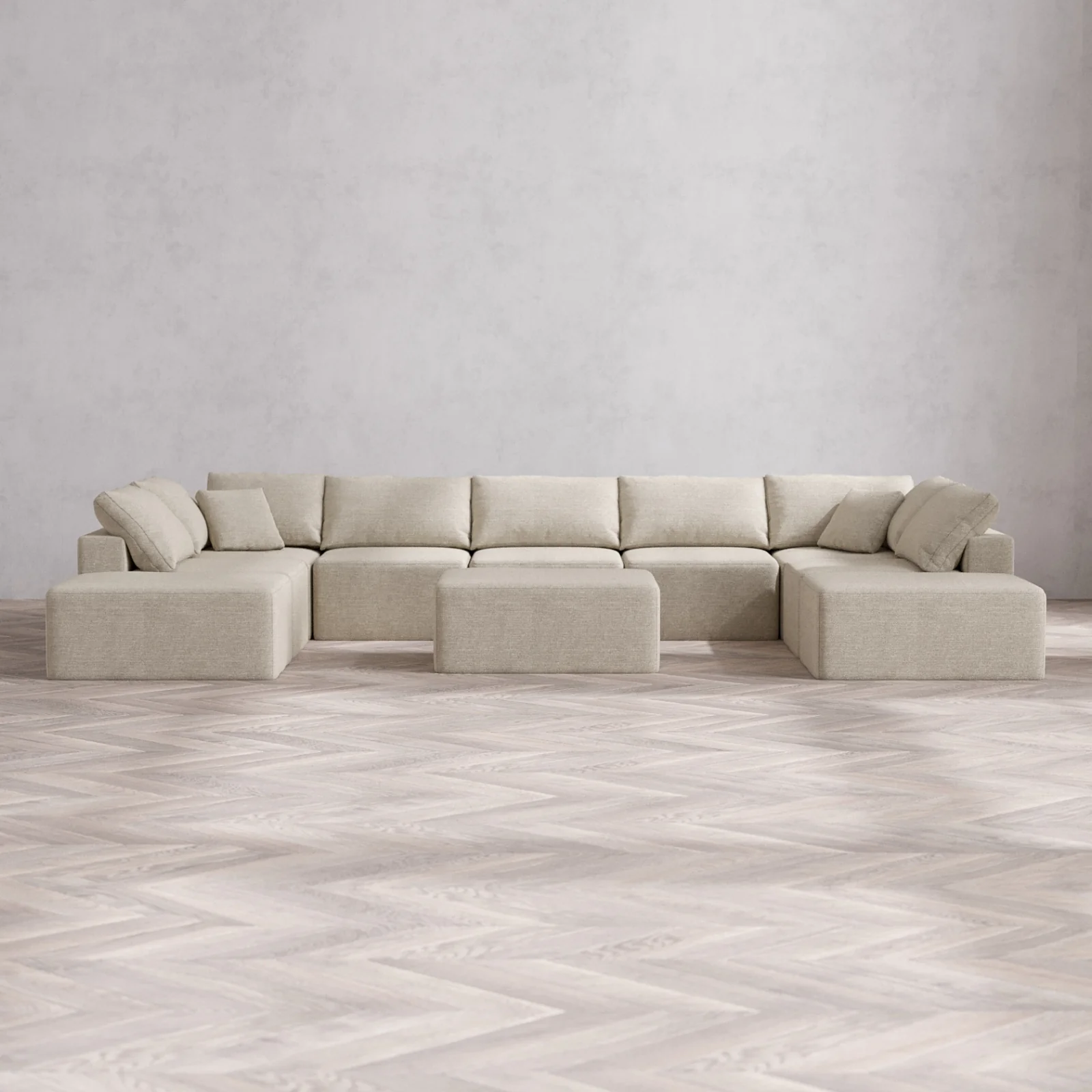 Modular Washable 9-Seater Open-Ends U Sectional + Chaise Ottoman Cloud Sofa | Plush Twill in Sandstone