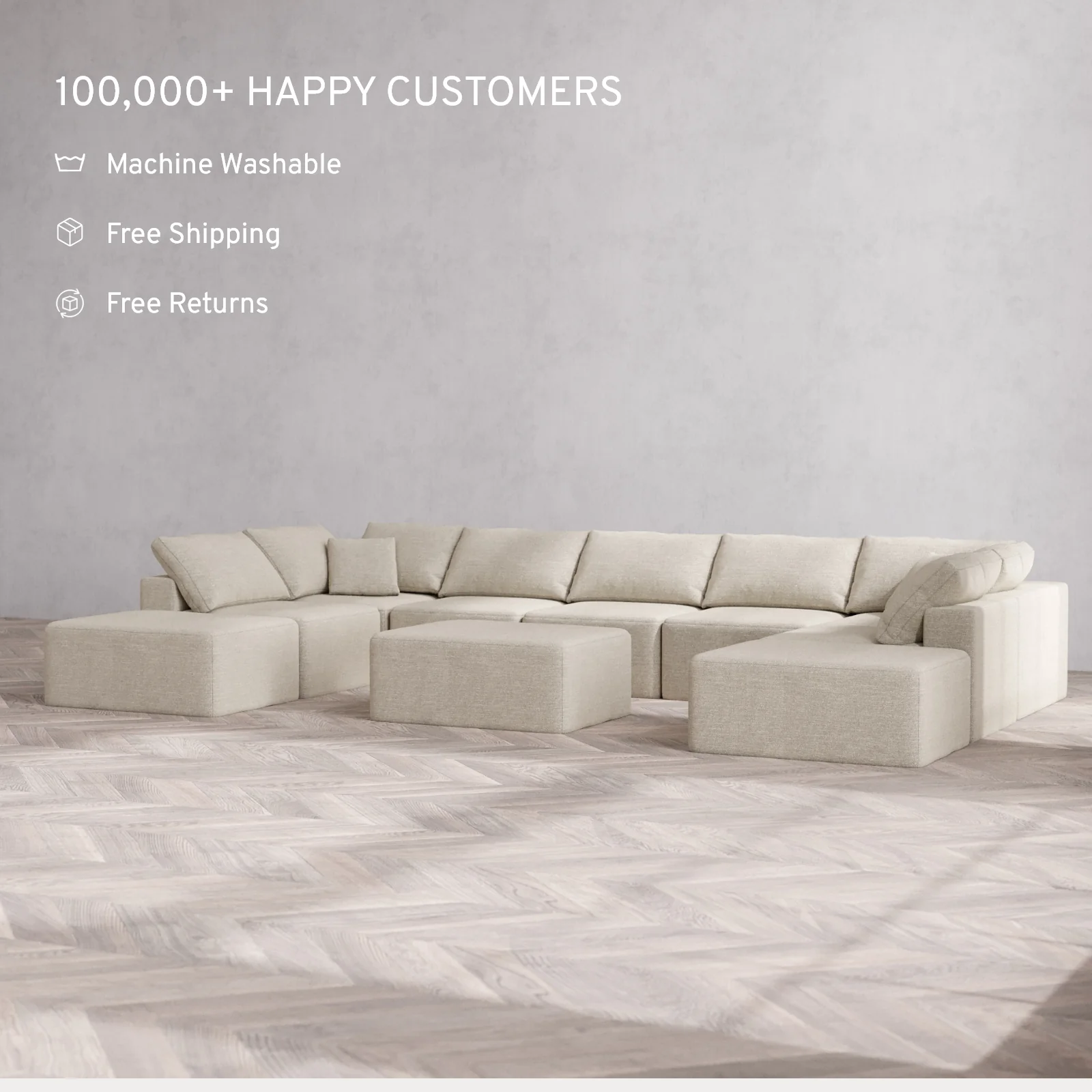 Modular Washable 9-Seater Open-Ends U Sectional + Chaise Ottoman Cloud Sofa | Plush Twill in Sandstone - Image 2