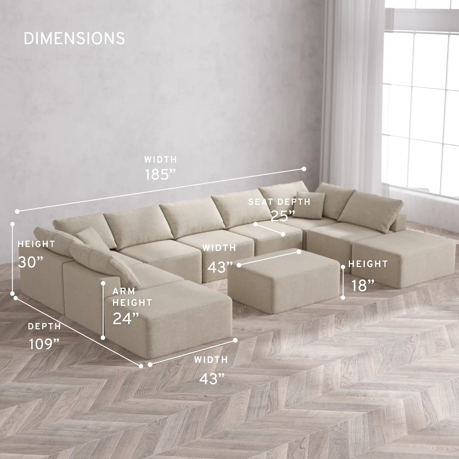 Modular Washable 9-Seater Open-Ends U Sectional + Chaise Ottoman Cloud Sofa | Plush Twill in Sandstone - Image 5