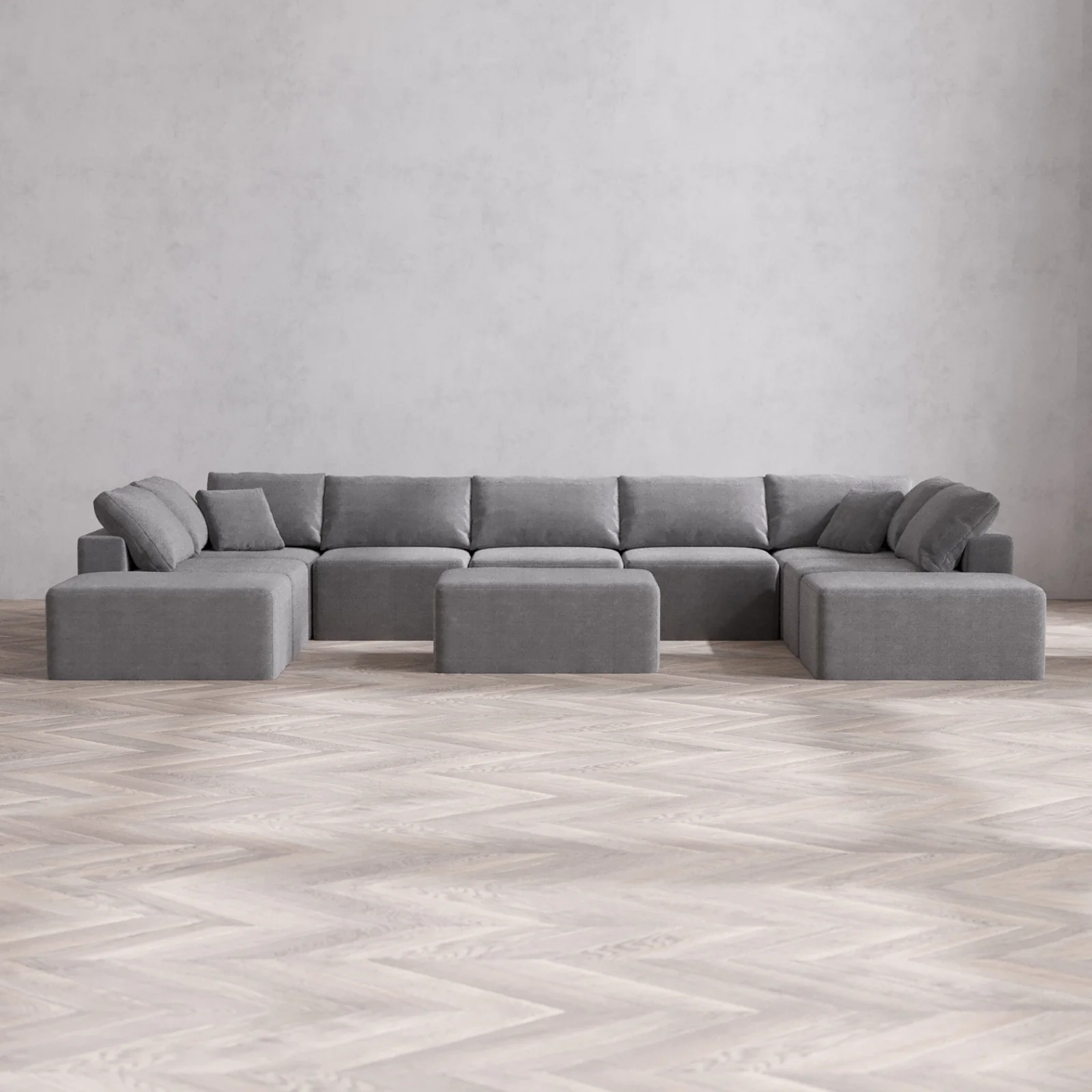 Modular Washable 9-Seater Open-Ends U Sectional + Chaise Ottoman Cloud Sofa | Lux Weave in Slate