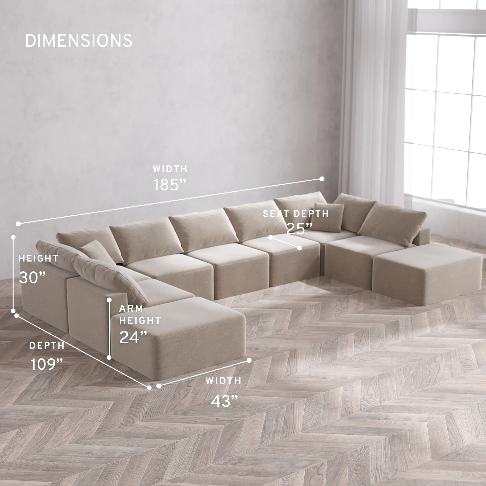 Modular Washable 9-Seater Open-Ends U Sectional Cloud Sofa | Satin Velvet in Caraway - Image 5