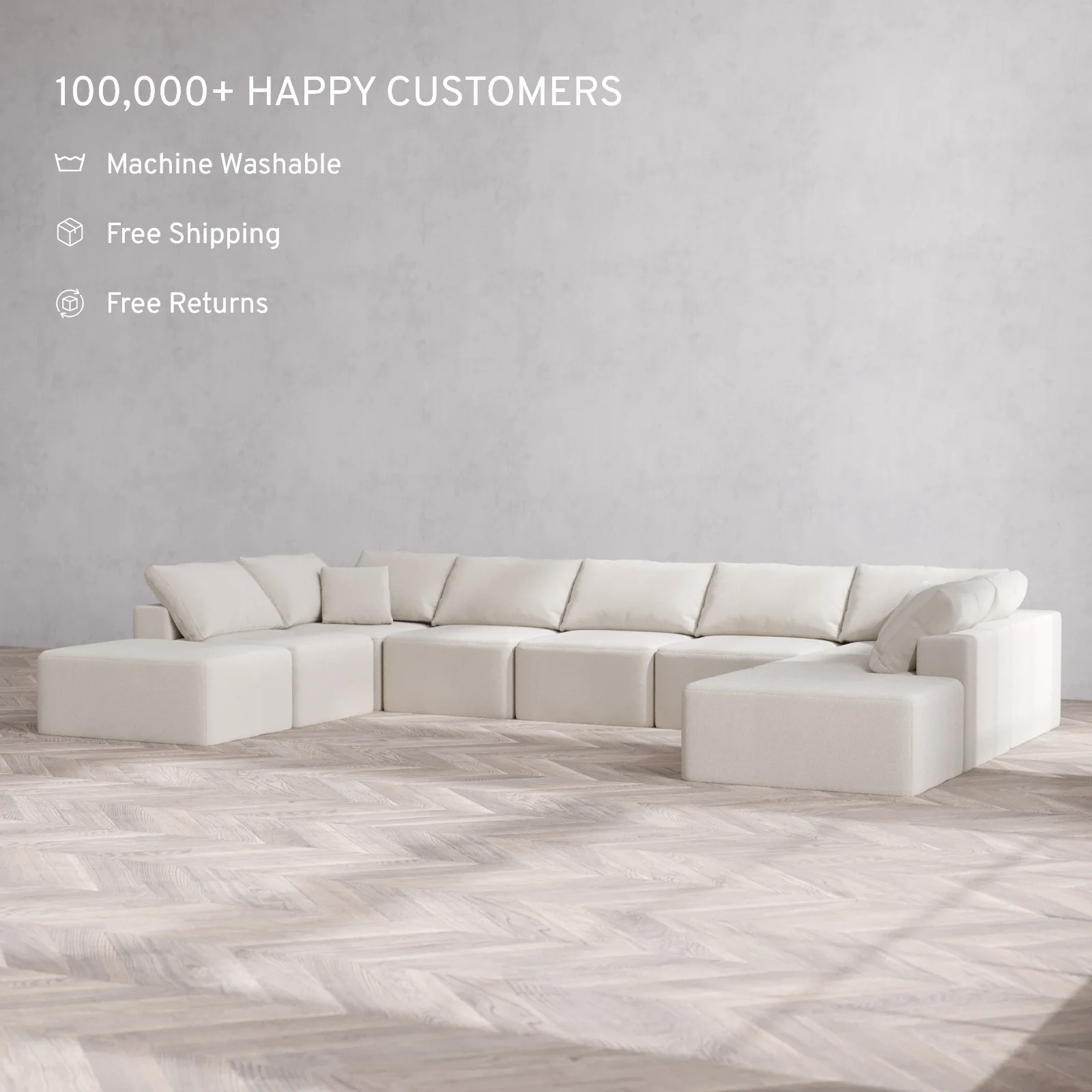 Modular Washable 9-Seater Open-Ends U Sectional Cloud Sofa | Lux Weave in Pearl - Image 2