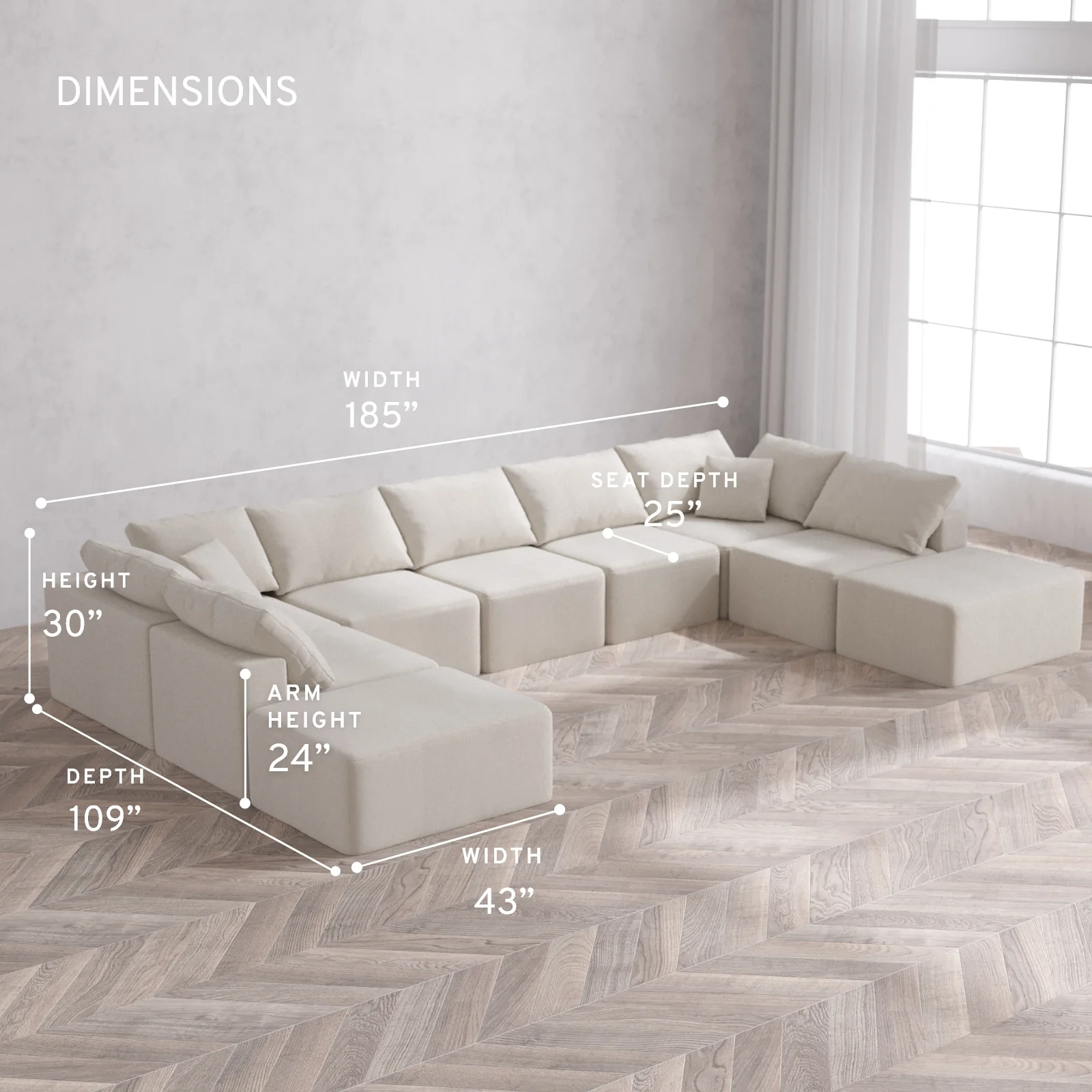 Modular Washable 9-Seater Open-Ends U Sectional Cloud Sofa | Lux Weave in Pearl - Image 5