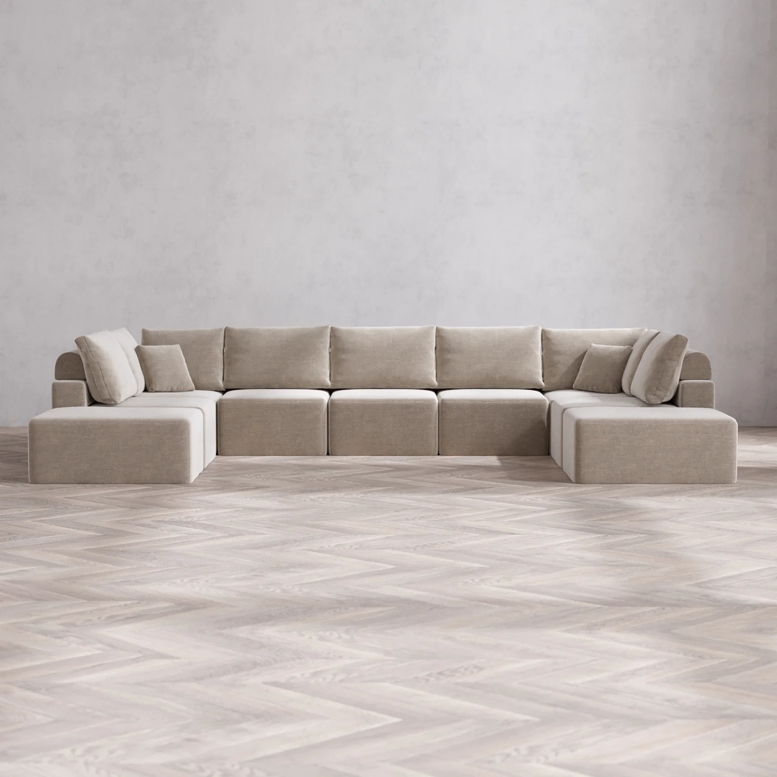 Modular Washable 9-Seater Open-Ends U Sectional Cloud + Bolster Sofa | Satin Velvet in Caraway