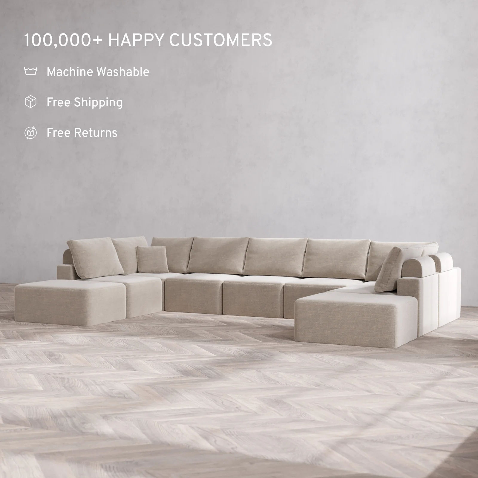 Modular Washable 9-Seater Open-Ends U Sectional Cloud + Bolster Sofa | Satin Velvet in Caraway - Image 2