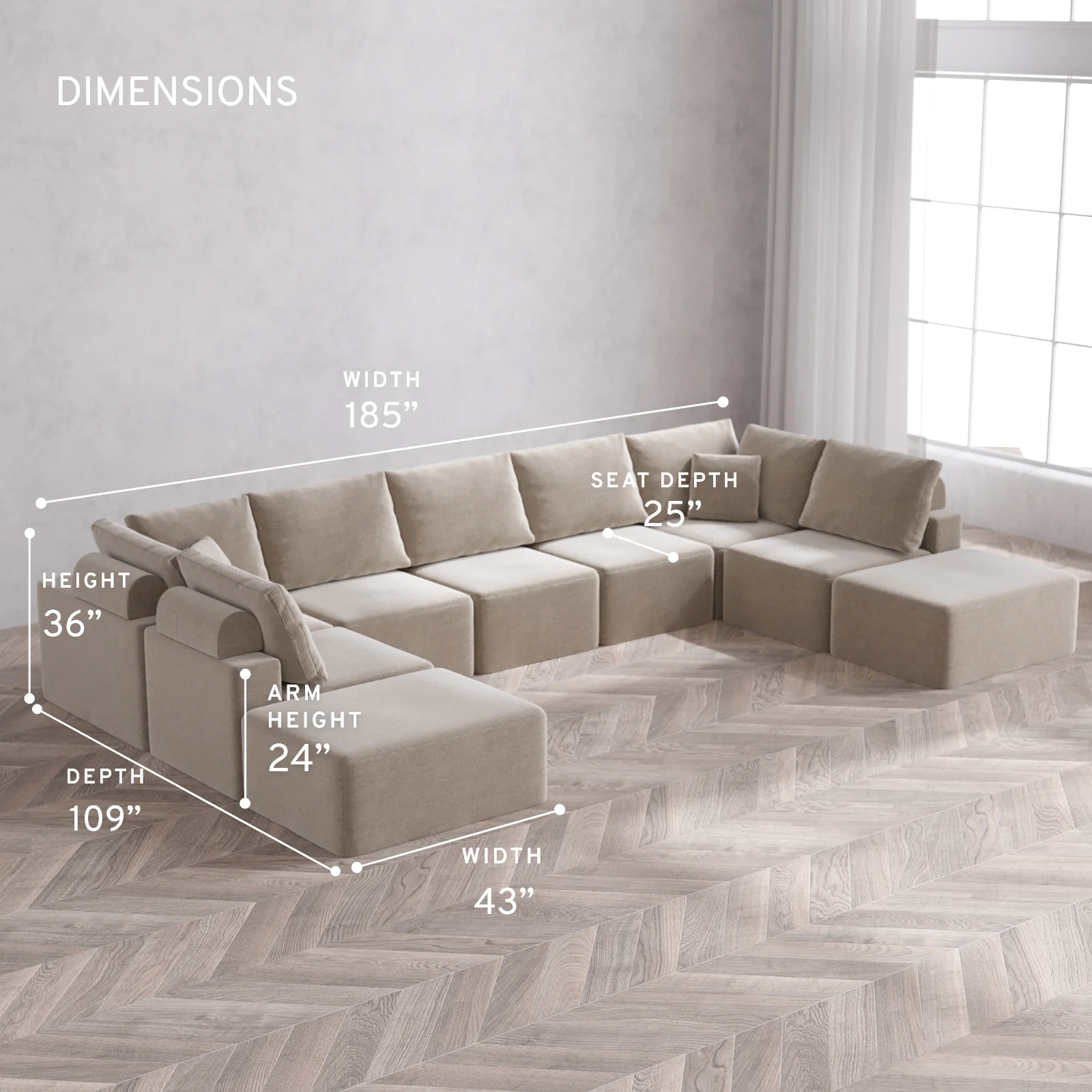 Modular Washable 9-Seater Open-Ends U Sectional Cloud + Bolster Sofa | Satin Velvet in Caraway - Image 5