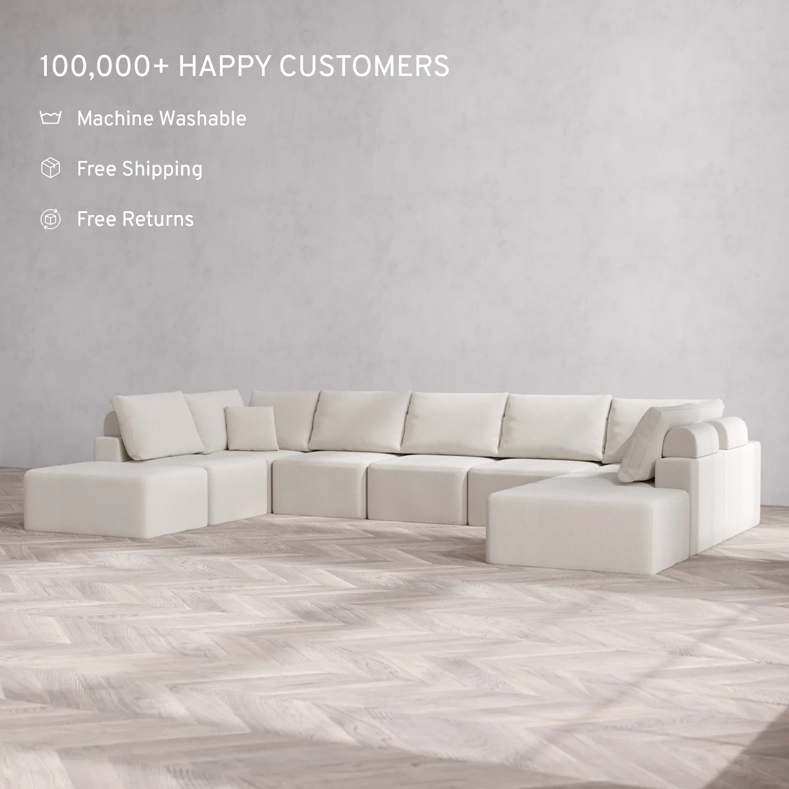 Modular Washable 9-Seater Open-Ends U Sectional Cloud + Bolster Sofa | Lux Weave in Pearl - Image 2