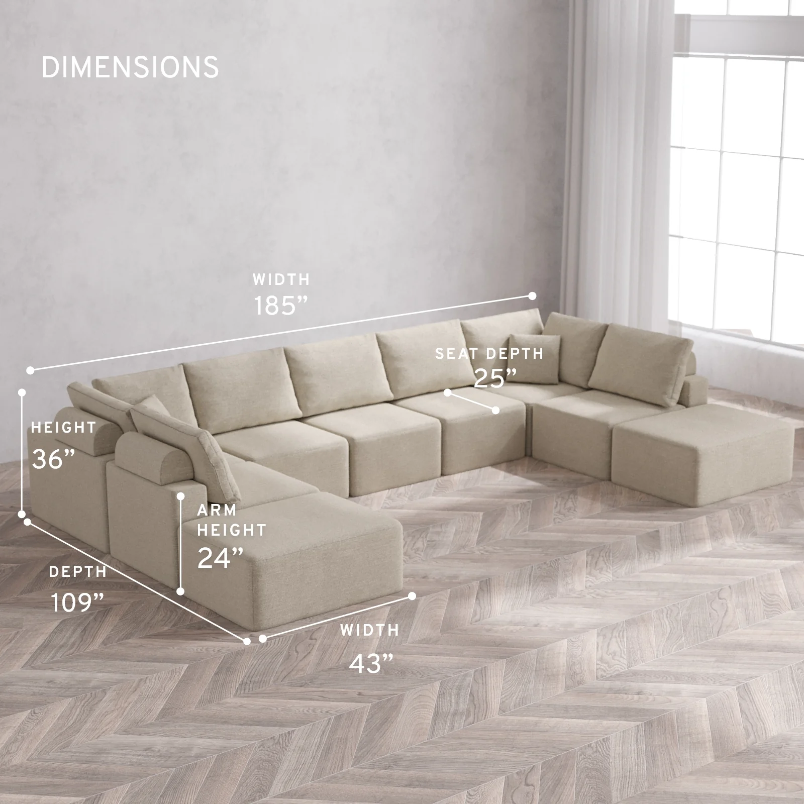 Modular Washable 9-Seater Open-Ends U Sectional Cloud + Bolster Sofa | Plush Twill in Sandstone - Image 5
