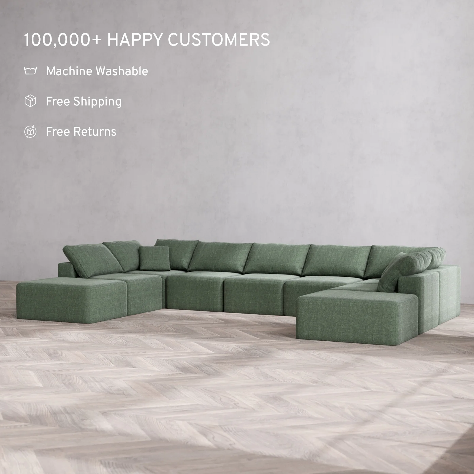 Modular Washable 9-Seater Open-Ends U Sectional Cloud Sofa | Heirloom Velvet in Sage - Image 2