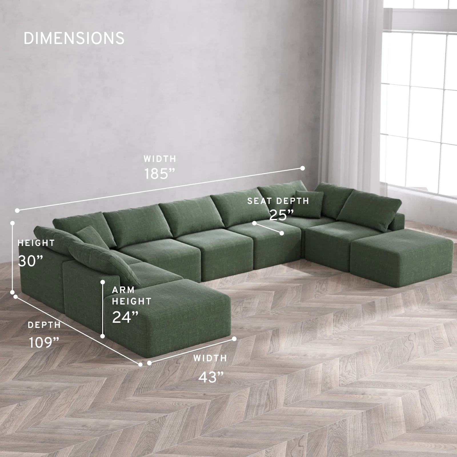 Modular Washable 9-Seater Open-Ends U Sectional Cloud Sofa | Heirloom Velvet in Sage - Image 5