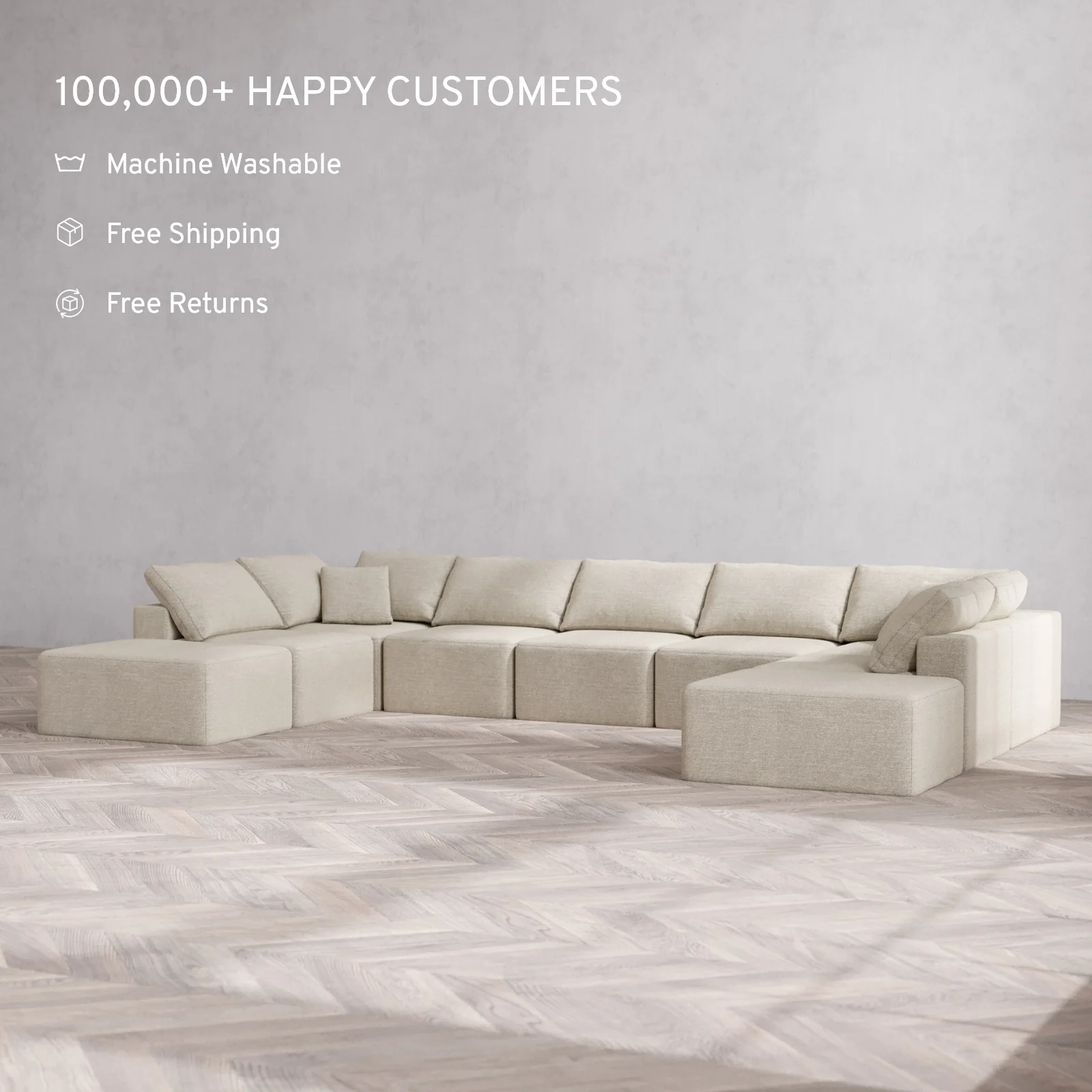 Modular Washable 9-Seater Open-Ends U Sectional Cloud Sofa | Plush Twill in Sandstone - Image 2