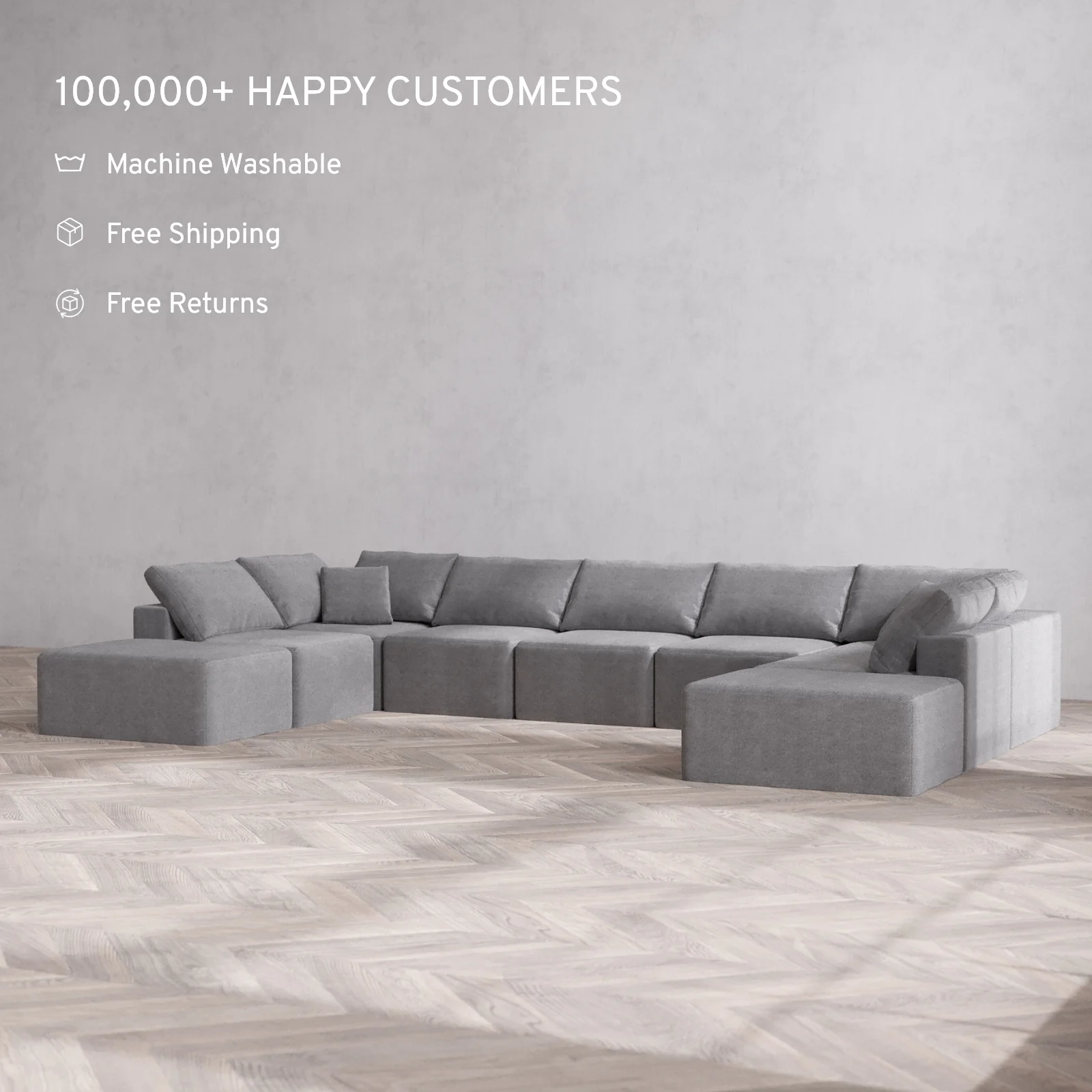 Modular Washable 9-Seater Open-Ends U Sectional Cloud Sofa | Lux Weave in Slate - Image 2