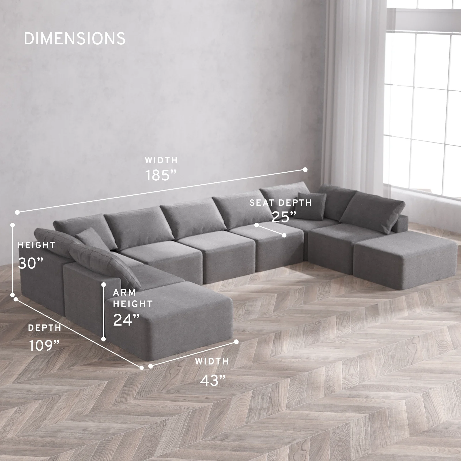 Modular Washable 9-Seater Open-Ends U Sectional Cloud Sofa | Lux Weave in Slate - Image 5