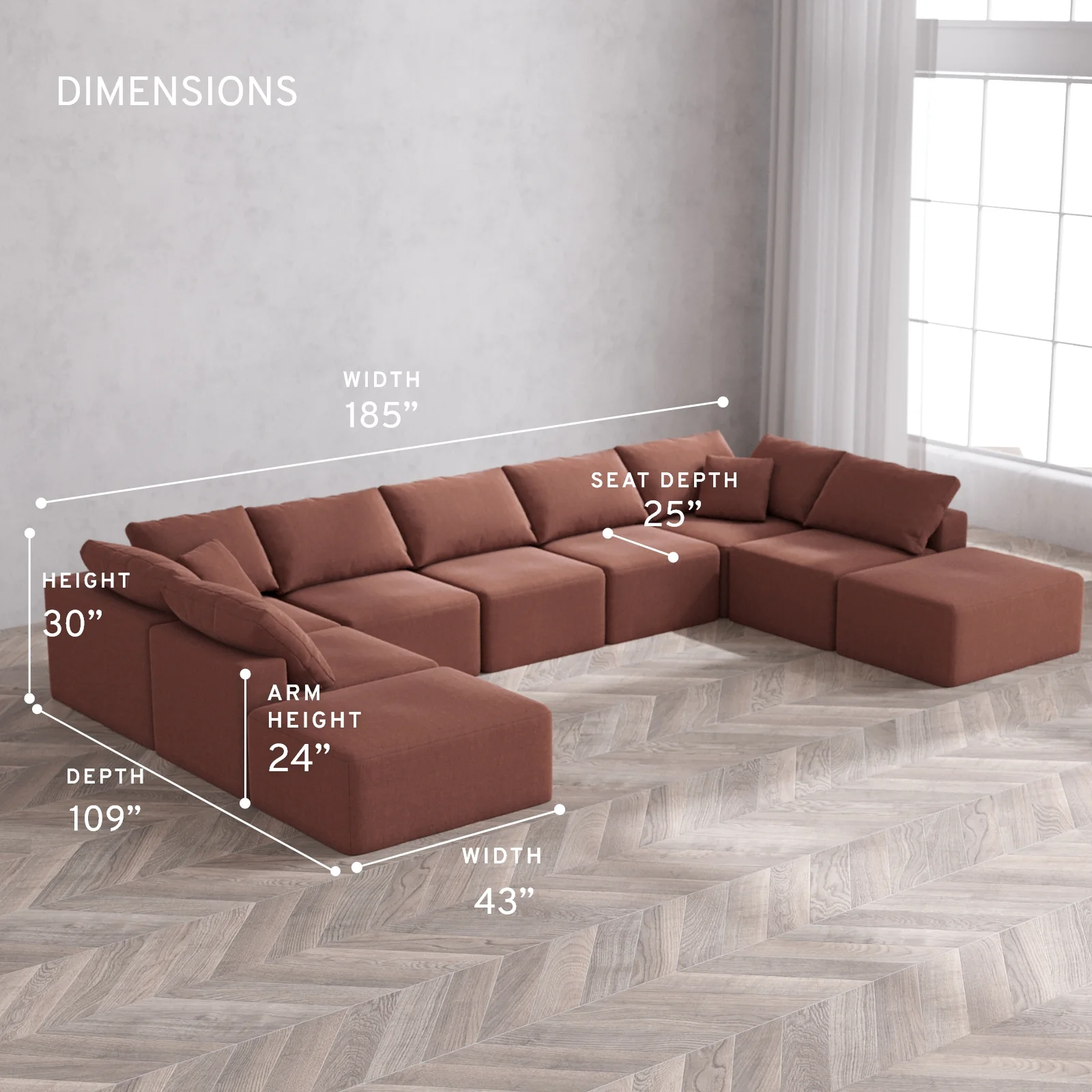 Modular Washable 9-Seater Open-Ends U Sectional Cloud Sofa | Heirloom Velvet in Sumac - Image 5