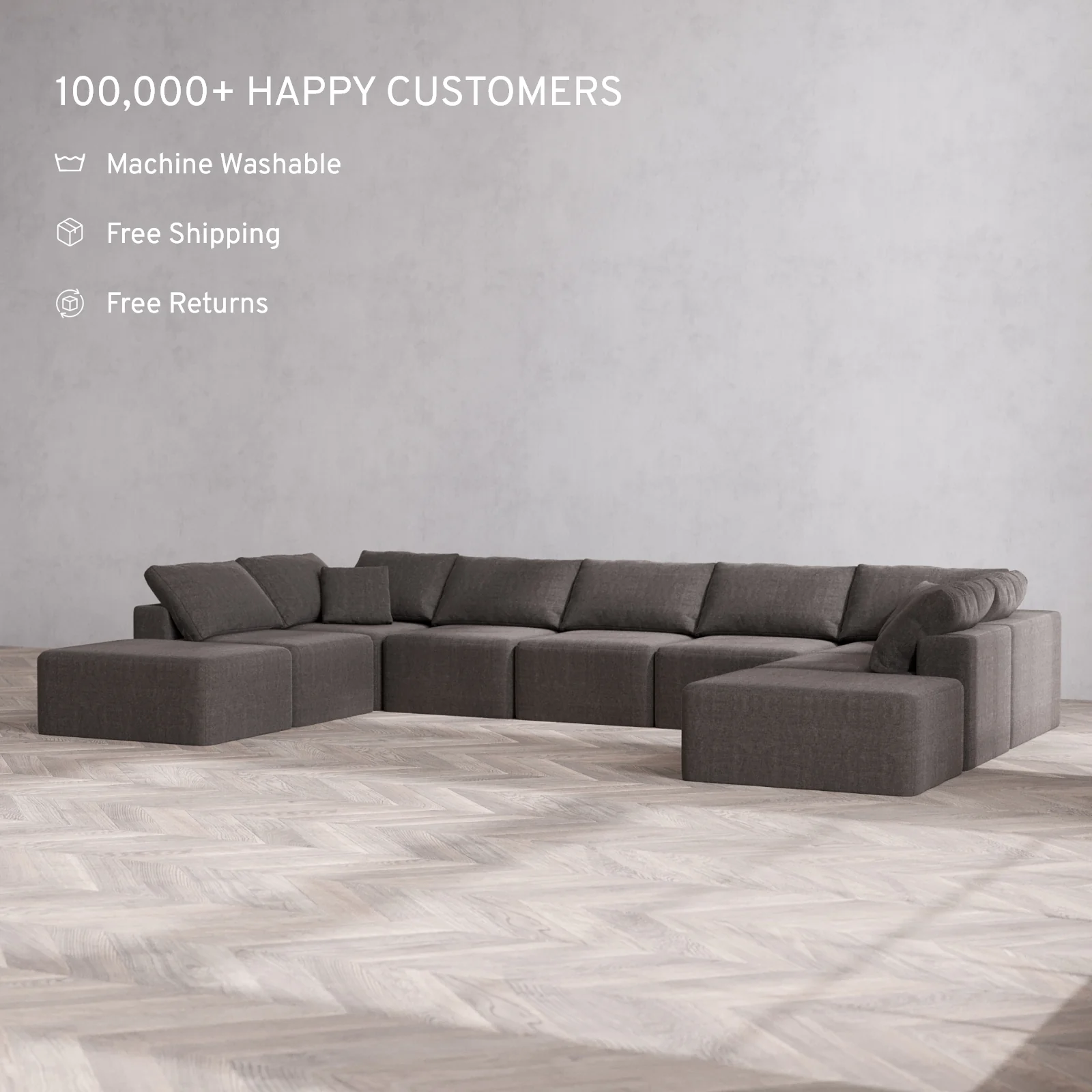 Modular Washable 9-Seater Open-Ends U Sectional Cloud Sofa | Heirloom Velvet in Truffle - Image 2