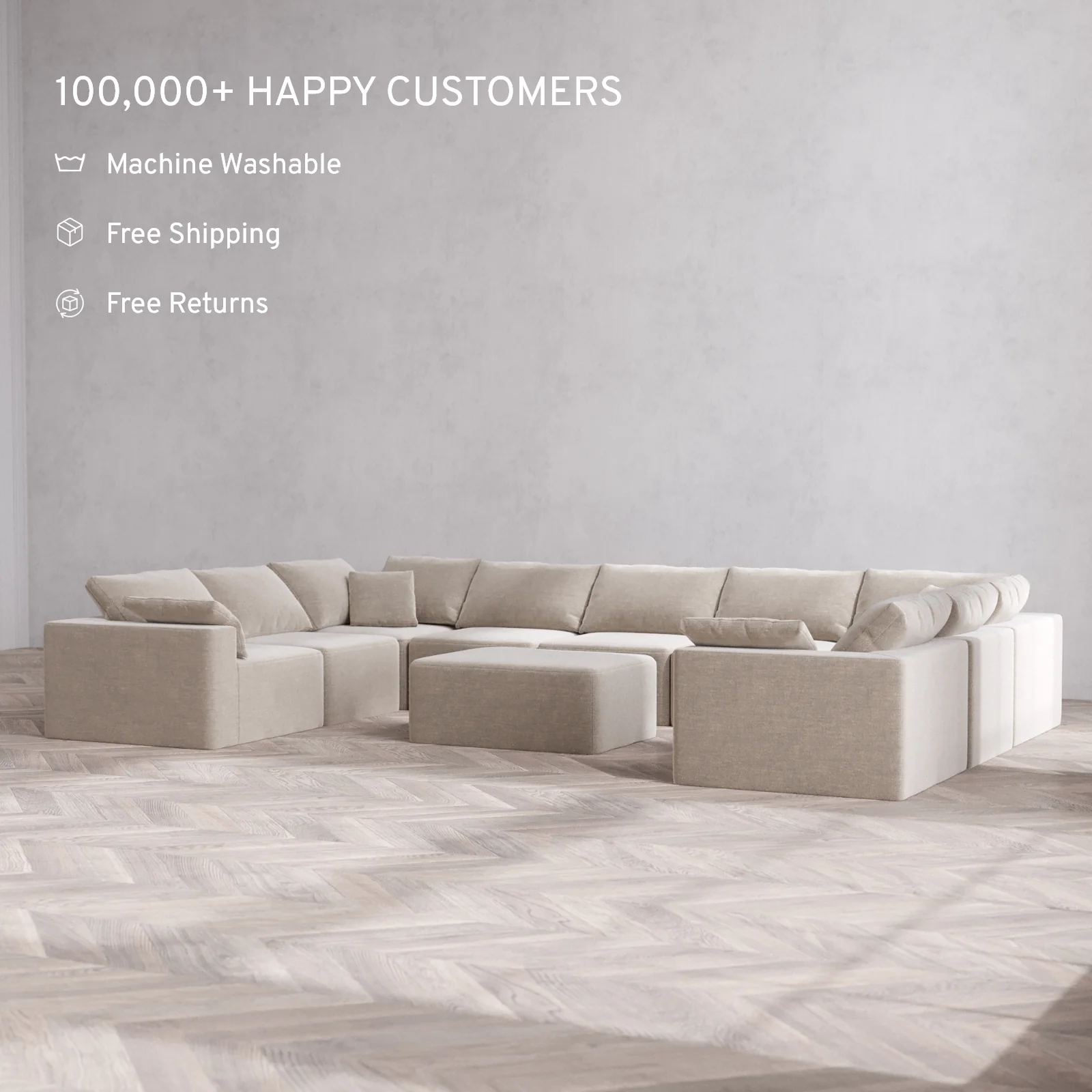 Modular Washable 9-Seater U Sectional + Chaise Ottoman Cloud Sofa | Satin Velvet in Caraway - Image 2