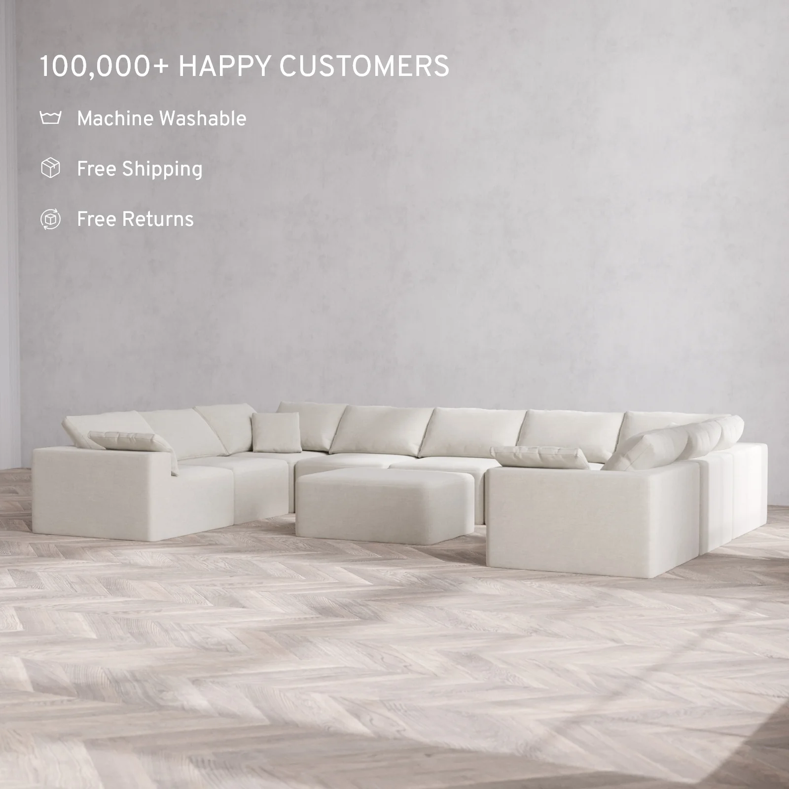 Modular Washable 9-Seater U Sectional + Chaise Ottoman Cloud Sofa | Satin Velvet in Cashew - Image 2