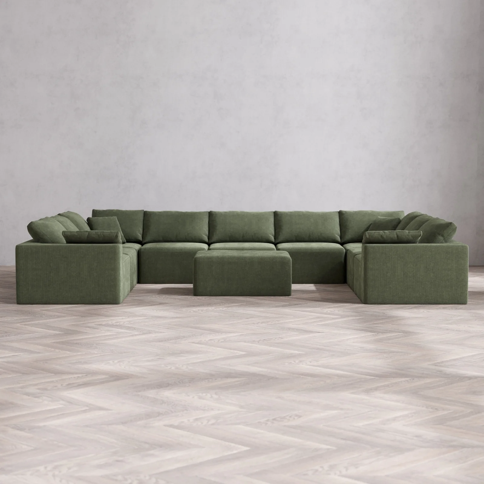 Modular Washable 9-Seater U Sectional + Chaise Ottoman Cloud Sofa | Luxe Corduroy in Juniper