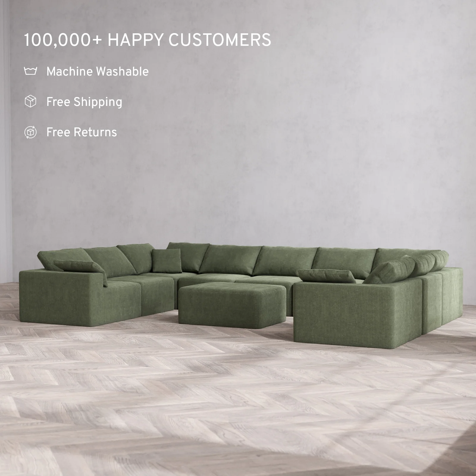 Modular Washable 9-Seater U Sectional + Chaise Ottoman Cloud Sofa | Luxe Corduroy in Juniper - Image 2