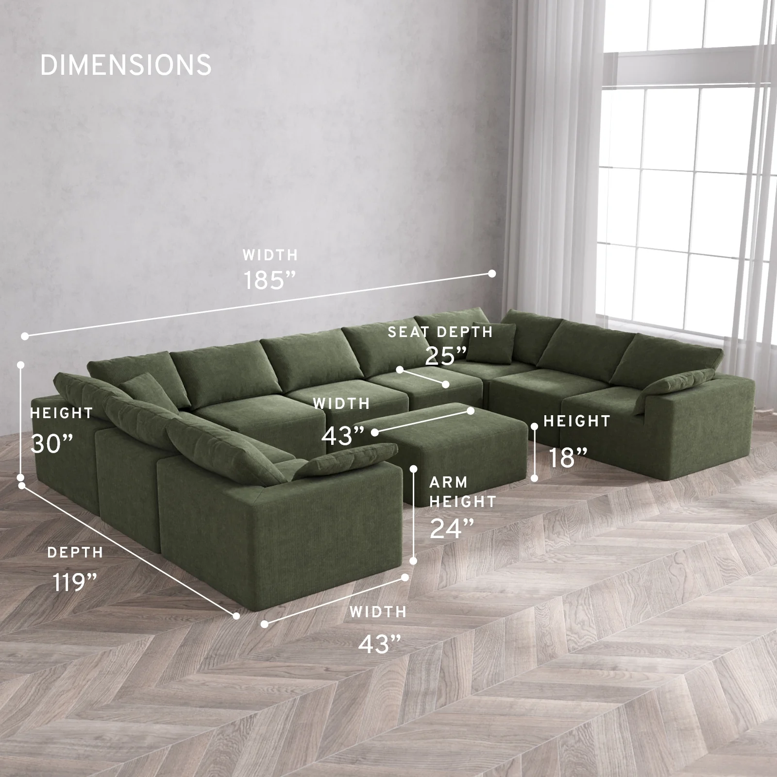Modular Washable 9-Seater U Sectional + Chaise Ottoman Cloud Sofa | Luxe Corduroy in Juniper - Image 5