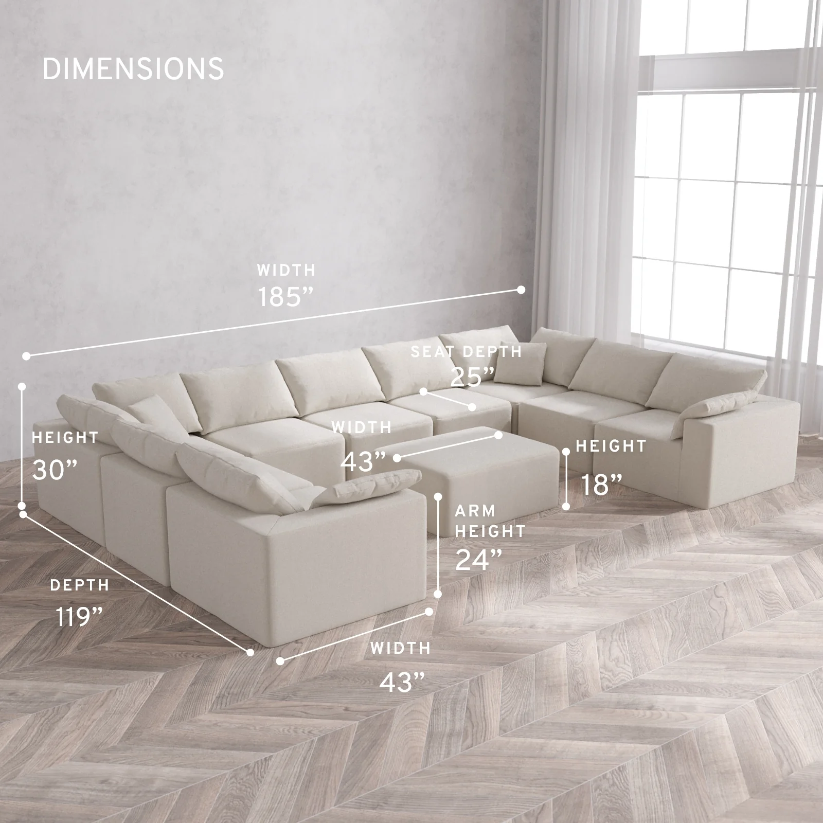 Modular Washable 9-Seater U Sectional + Chaise Ottoman Cloud Sofa | Lux Weave in Pearl - Image 5