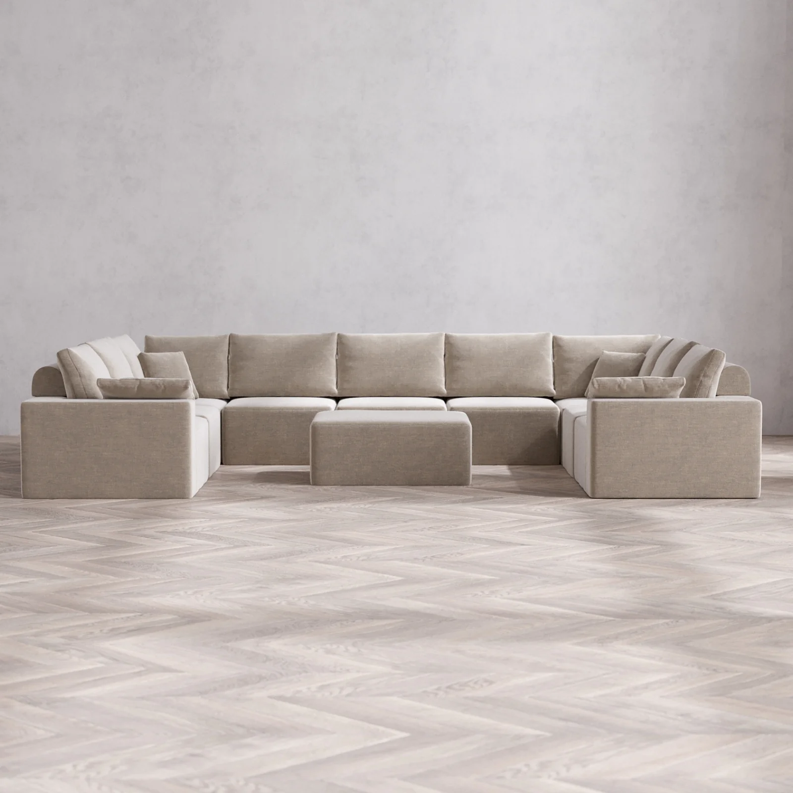 Modular Washable 9-Seater U Sectional + Chaise Ottoman Cloud + Bolster Sofa | Satin Velvet in Caraway