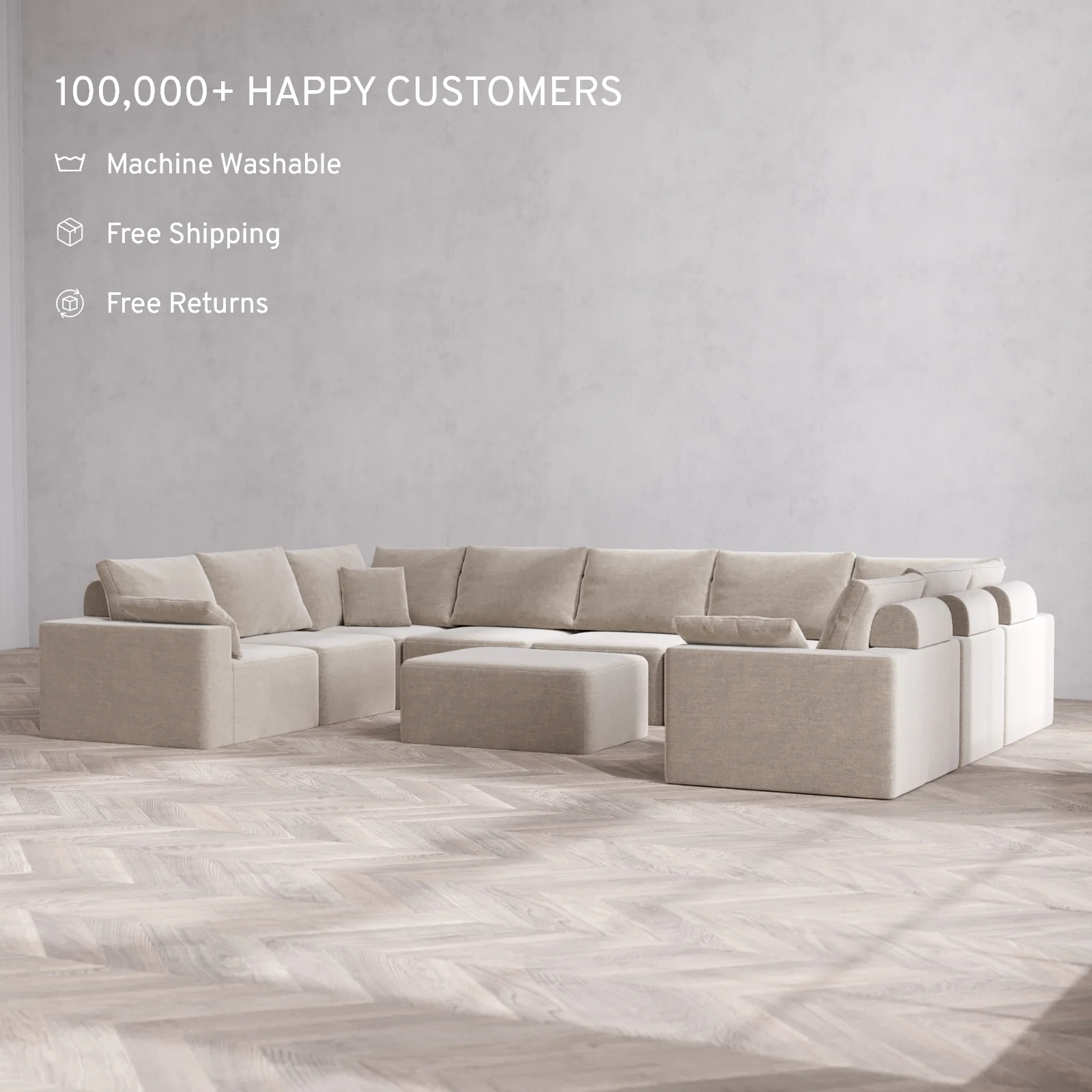 Modular Washable 9-Seater U Sectional + Chaise Ottoman Cloud + Bolster Sofa | Satin Velvet in Caraway - Image 2