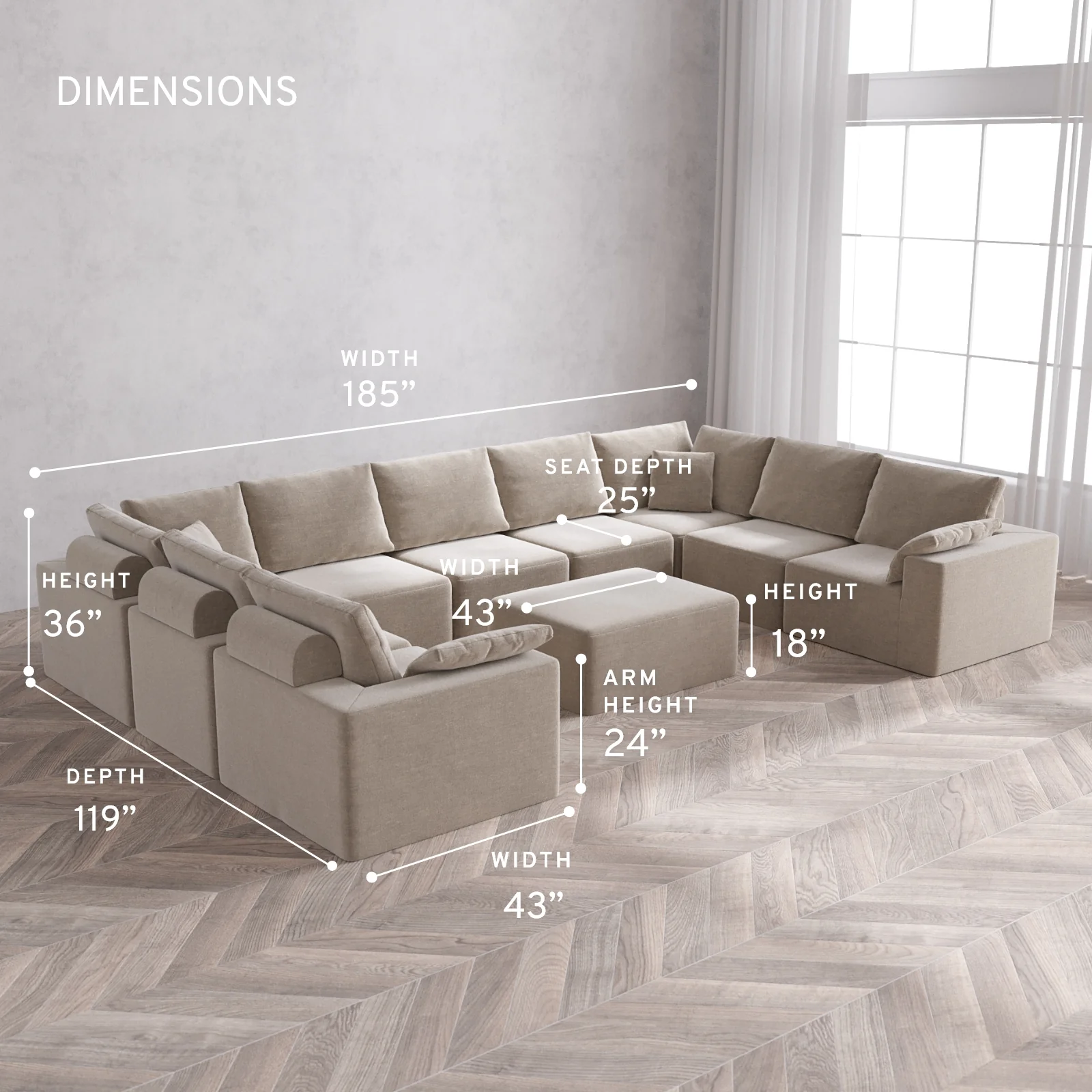 Modular Washable 9-Seater U Sectional + Chaise Ottoman Cloud + Bolster Sofa | Satin Velvet in Caraway - Image 5