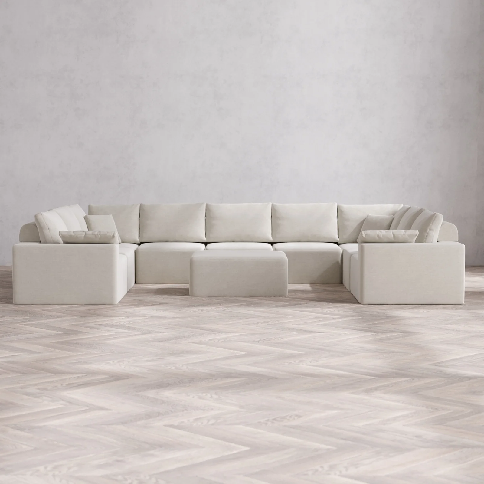 Modular Washable 9-Seater U Sectional + Chaise Ottoman Cloud + Bolster Sofa | Satin Velvet in Cashew