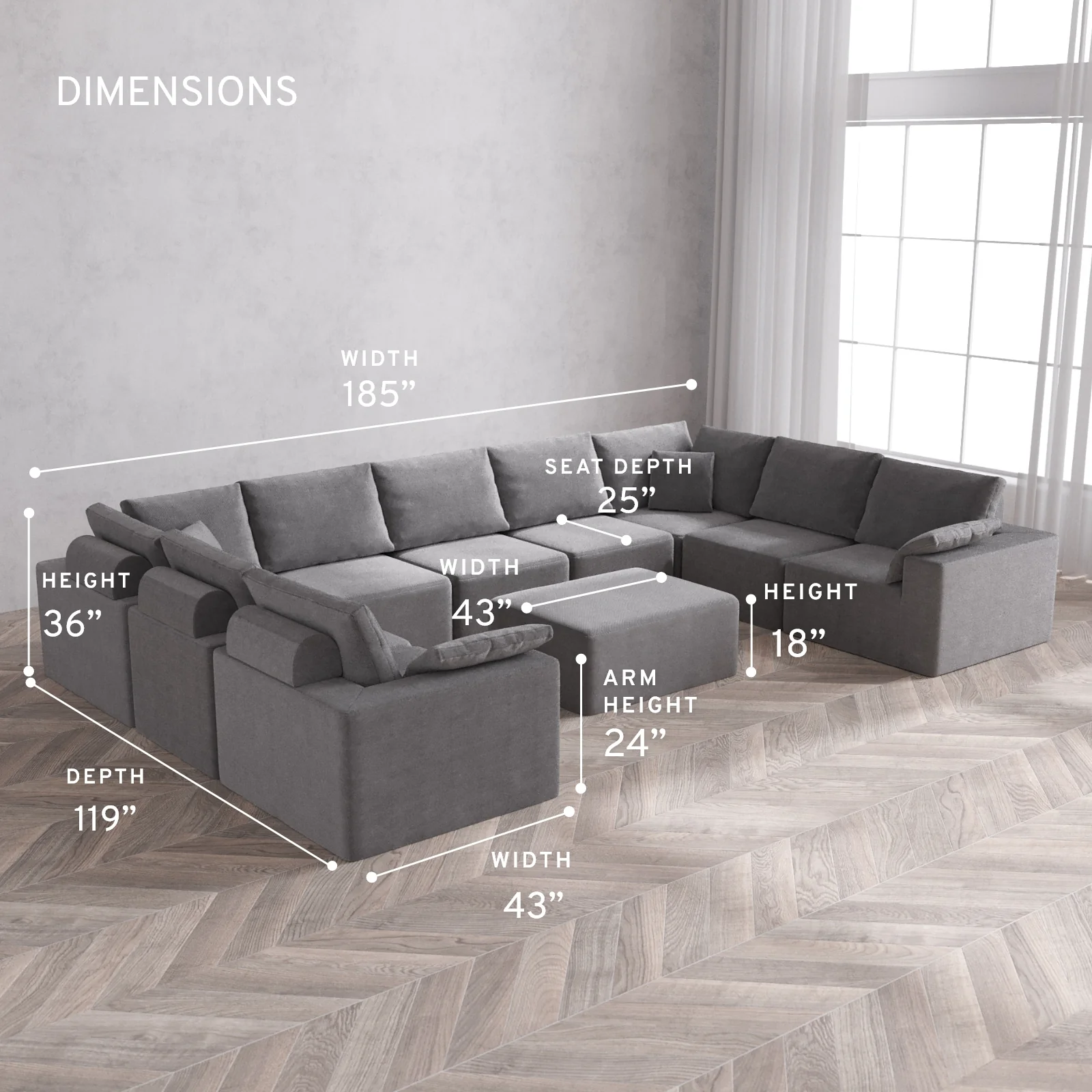 Modular Washable 9-Seater U Sectional + Chaise Ottoman Cloud + Bolster Sofa | Lux Weave in Slate - Image 5