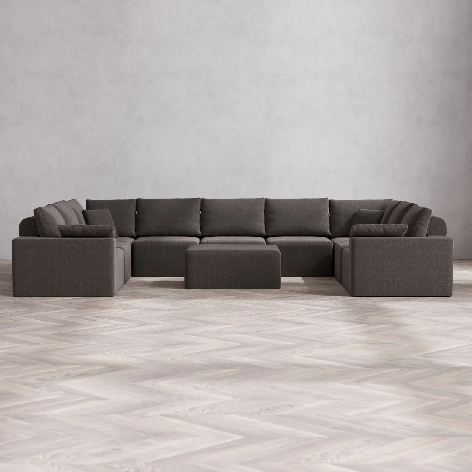 Modular Washable 9-Seater U Sectional + Chaise Ottoman Cloud + Bolster Sofa | Heirloom Velvet in Truffle