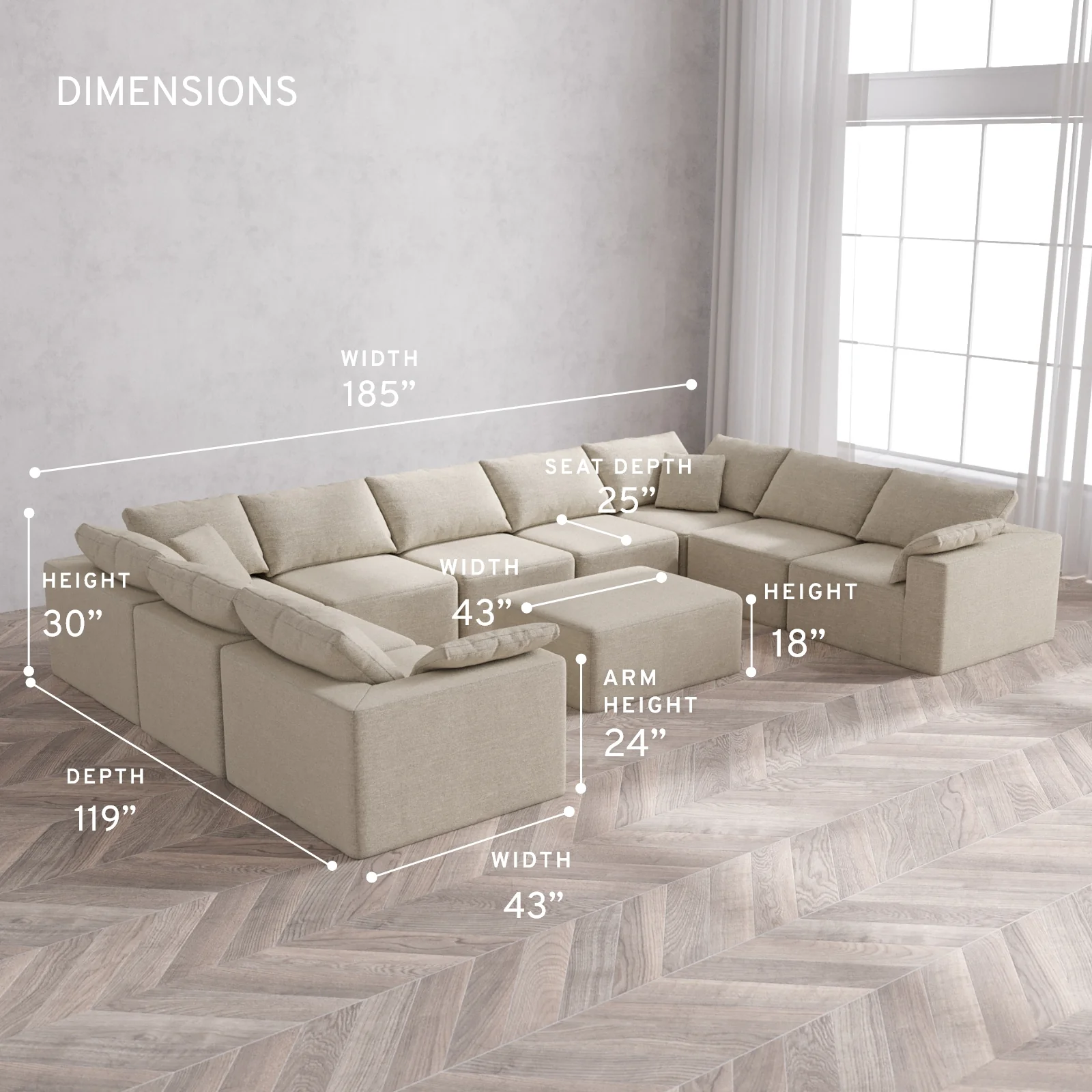 Modular Washable 9-Seater U Sectional + Chaise Ottoman Cloud Sofa | Plush Twill in Sandstone - Image 5