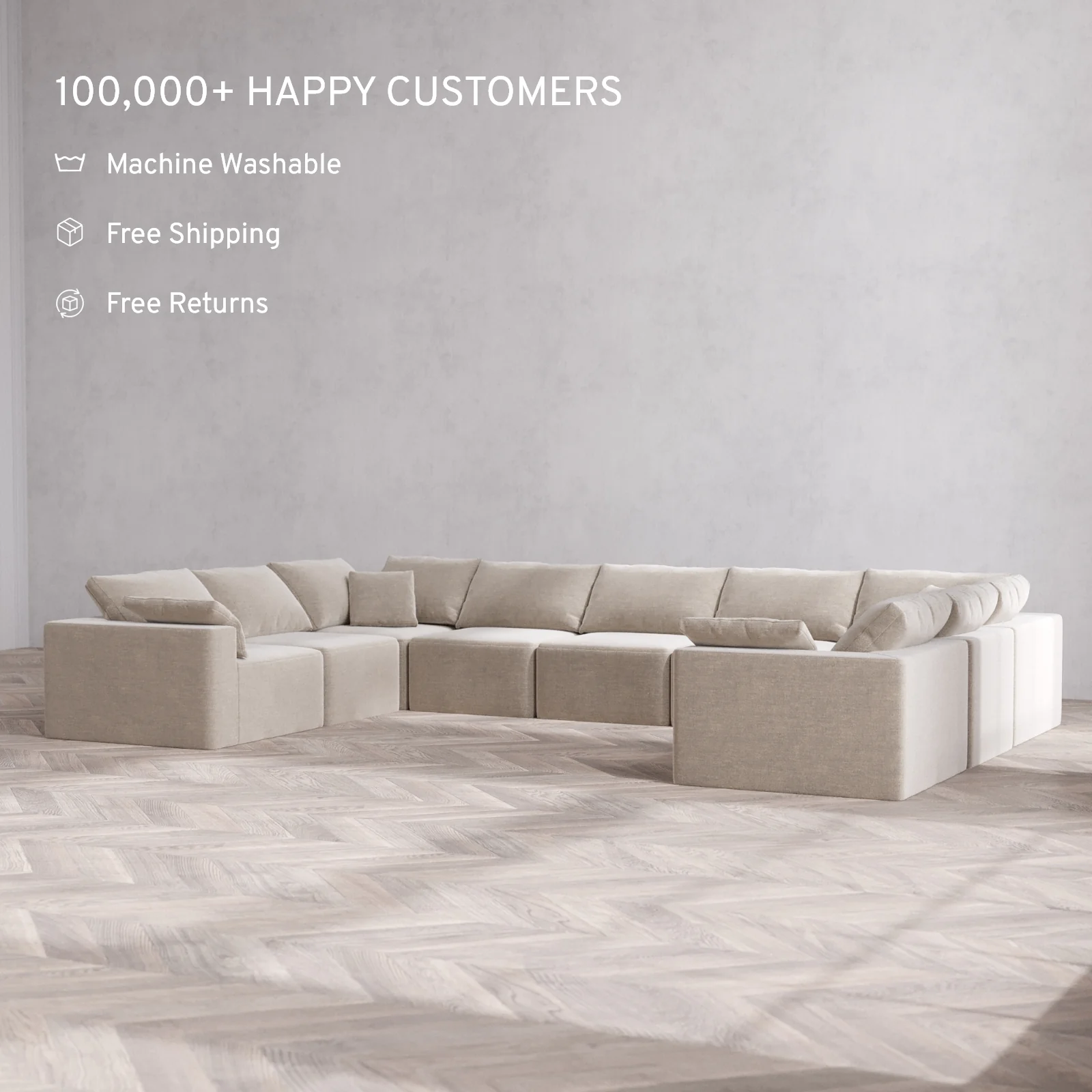 Modular Washable 9-Seater U Sectional Cloud Sofa | Satin Velvet in Caraway - Image 2