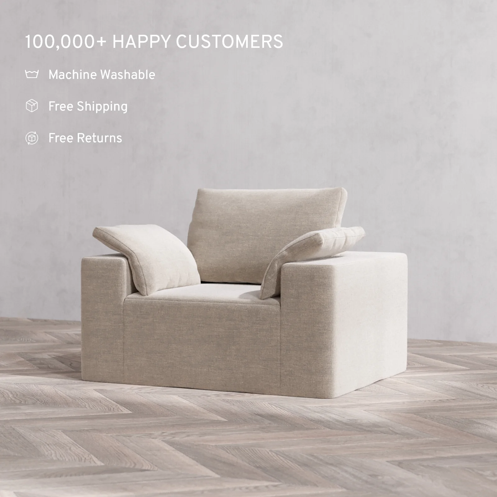 Modular Washable Armchair Cloud + Bolster Sofa | Satin Velvet in Caraway - Image 2