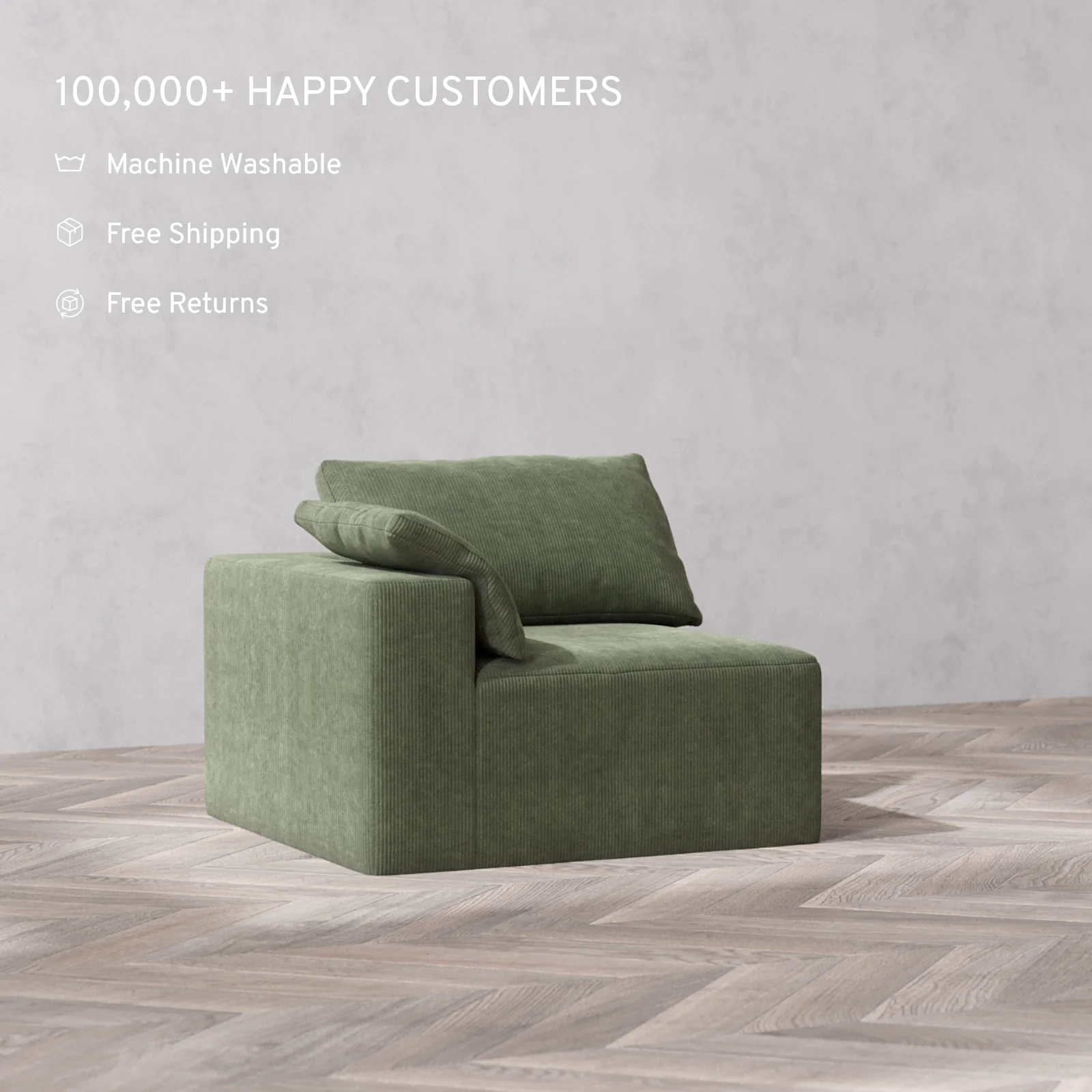 Modular Washable End Chair Cloud + Bolster Sofa | Left-Facing Arm | Luxe Corduroy in Juniper - Image 2