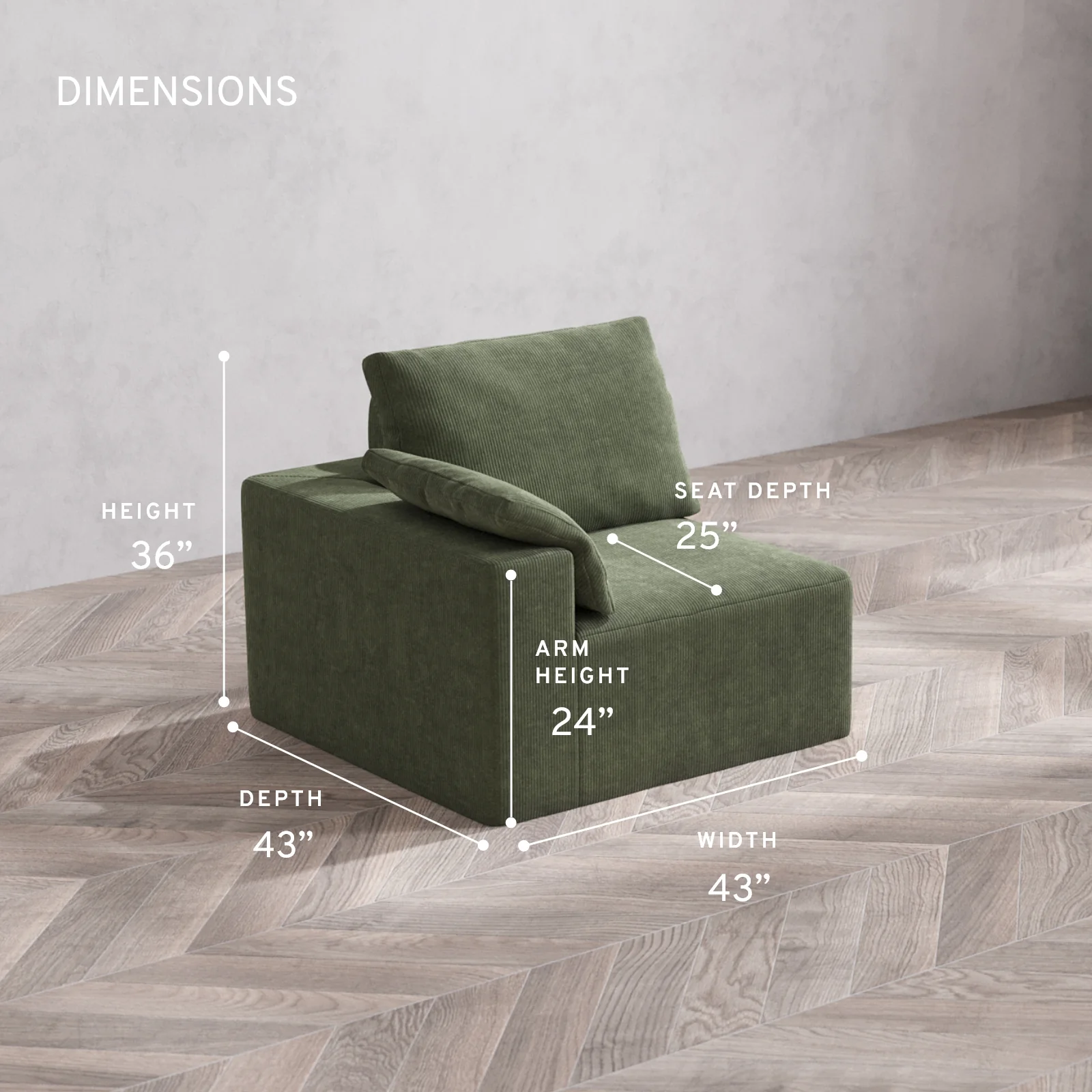 Modular Washable End Chair Cloud + Bolster Sofa | Left-Facing Arm | Luxe Corduroy in Juniper - Image 5