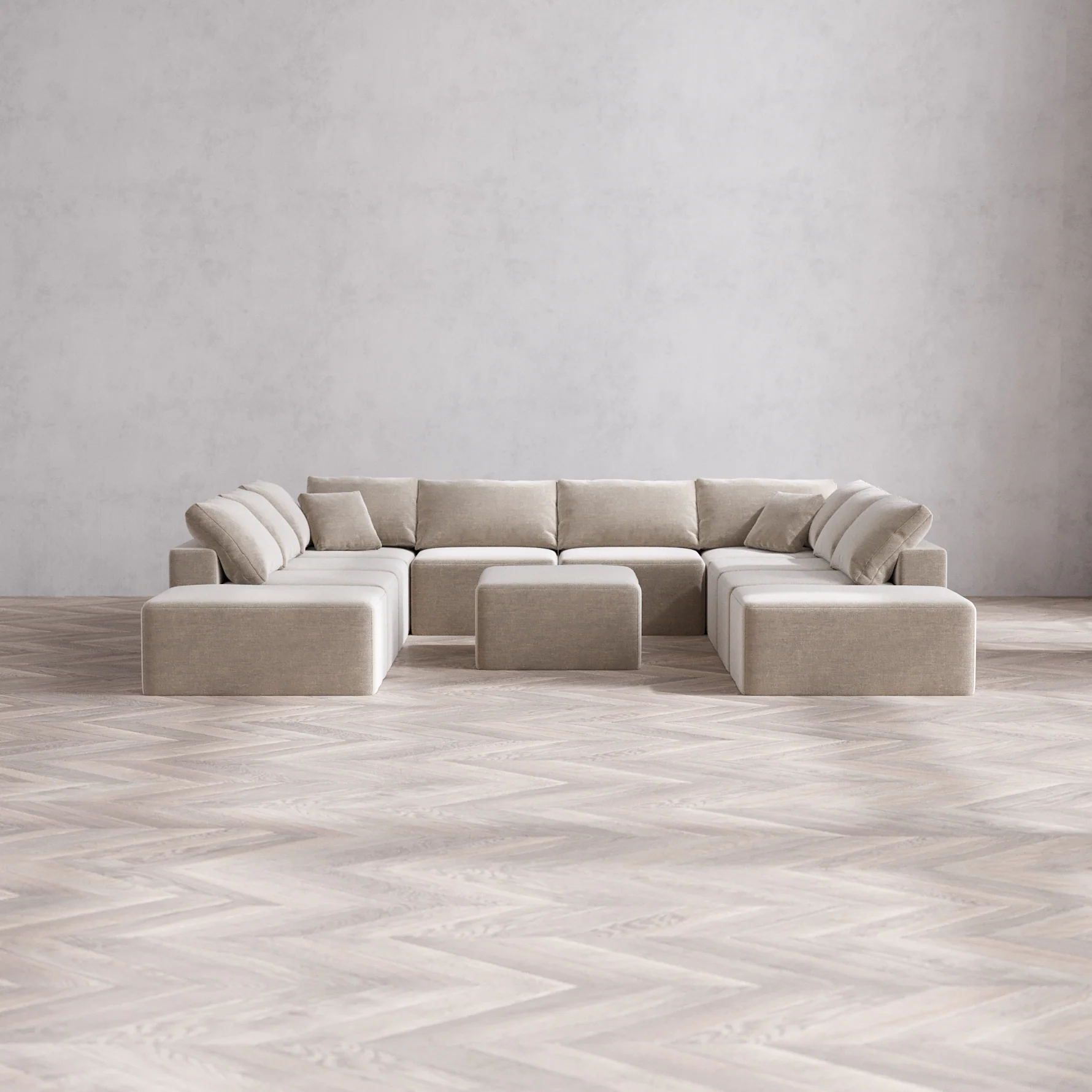 Slipcover Only - Modular Washable 10-Seater Open-Ends U Sectional + Chaise Ottoman Cloud Sofa in Caraway