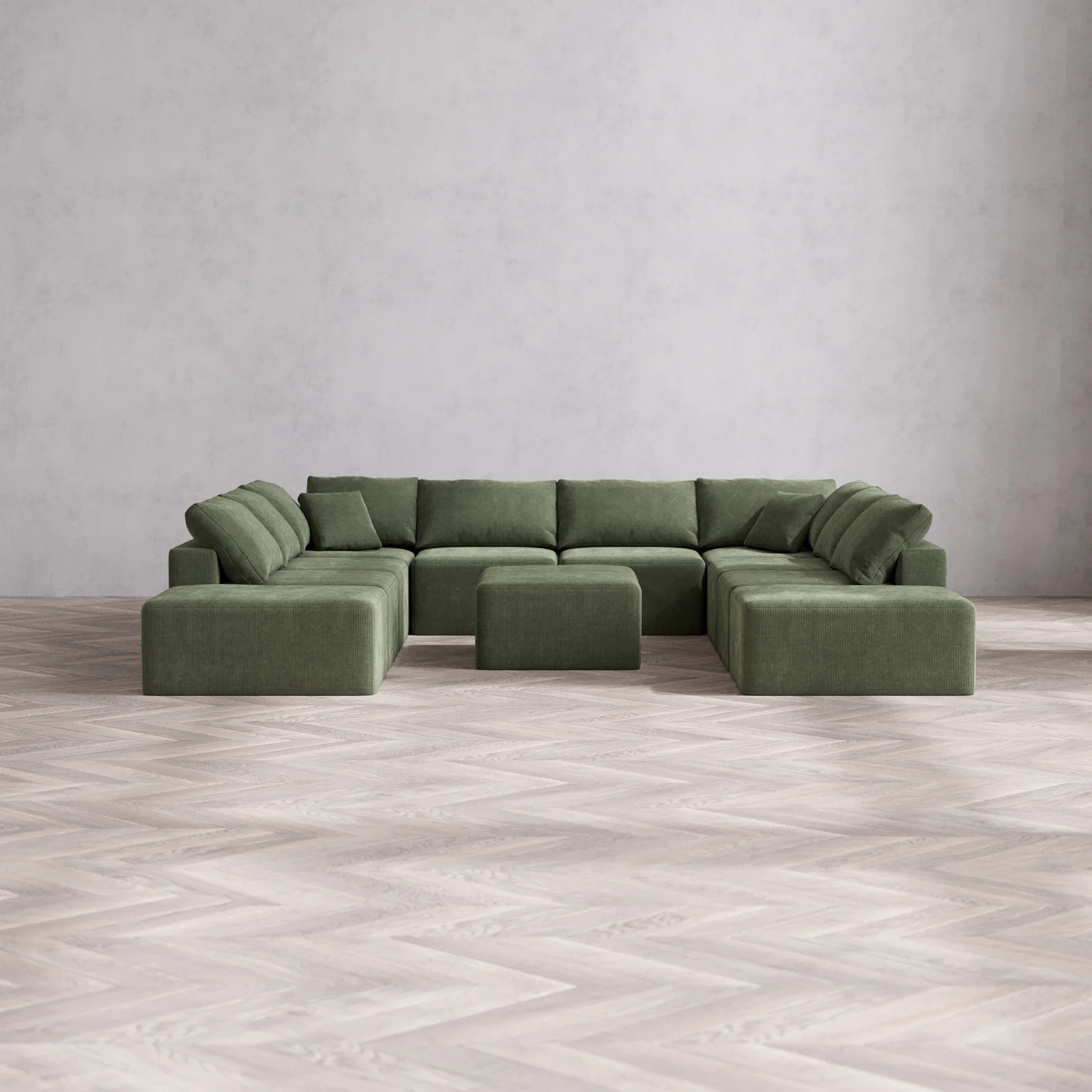 Slipcover Only - Modular Washable 10-Seater Open-Ends U Sectional + Chaise Ottoman Cloud Sofa in Juniper