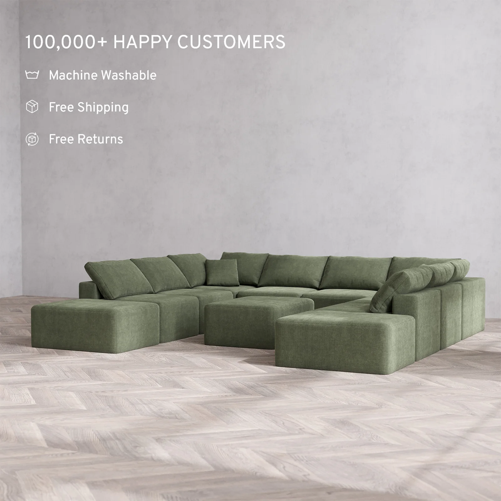 Slipcover Only - Modular Washable 10-Seater Open-Ends U Sectional + Chaise Ottoman Cloud Sofa in Juniper - Image 2