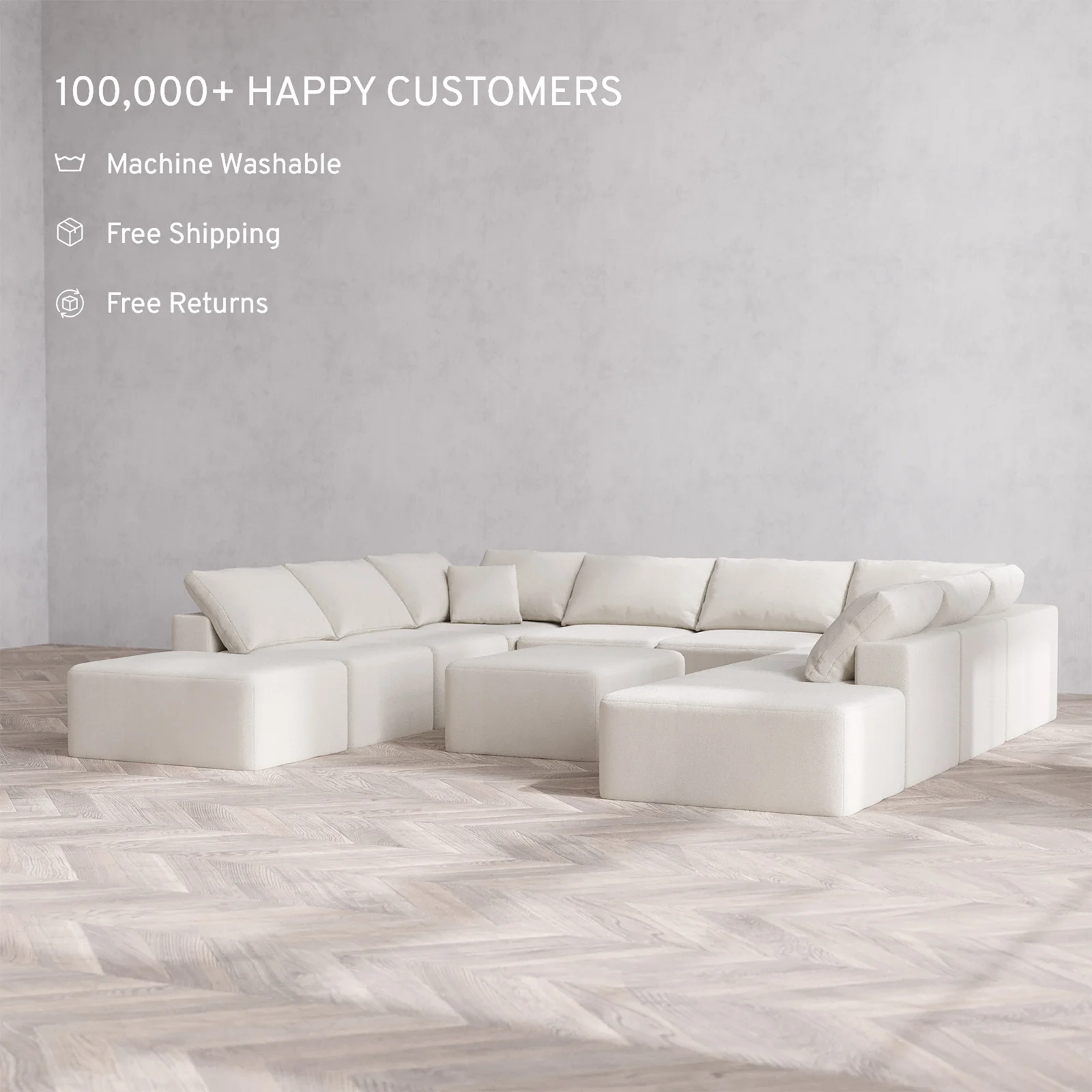 Slipcover Only - Modular Washable 10-Seater Open-Ends U Sectional + Chaise Ottoman Cloud Sofa in Pearl - Image 2