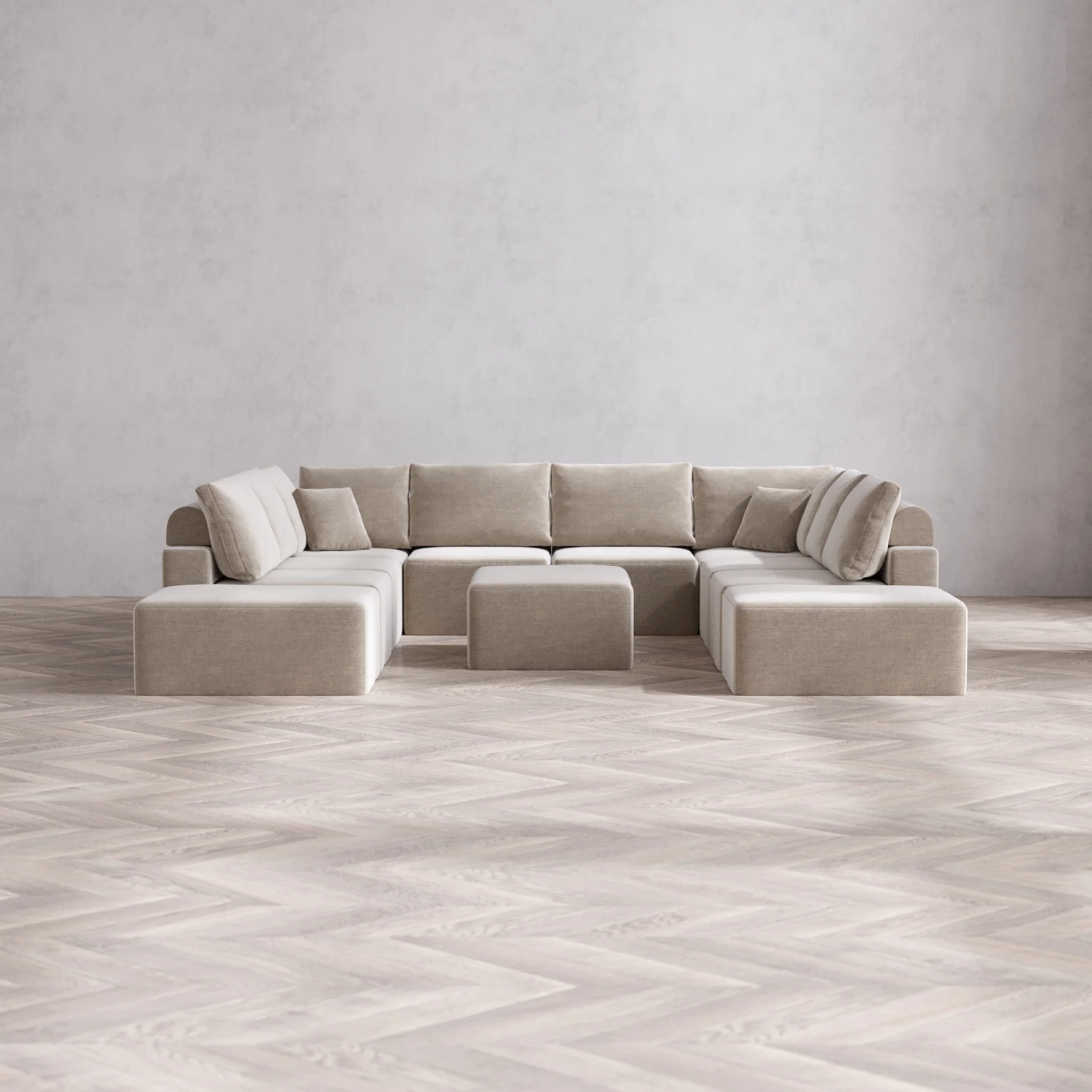 Slipcover Only - Modular Washable 10-Seater Open-Ends U Sectional + Chaise Ottoman Cloud + Bolster Sofa in Caraway