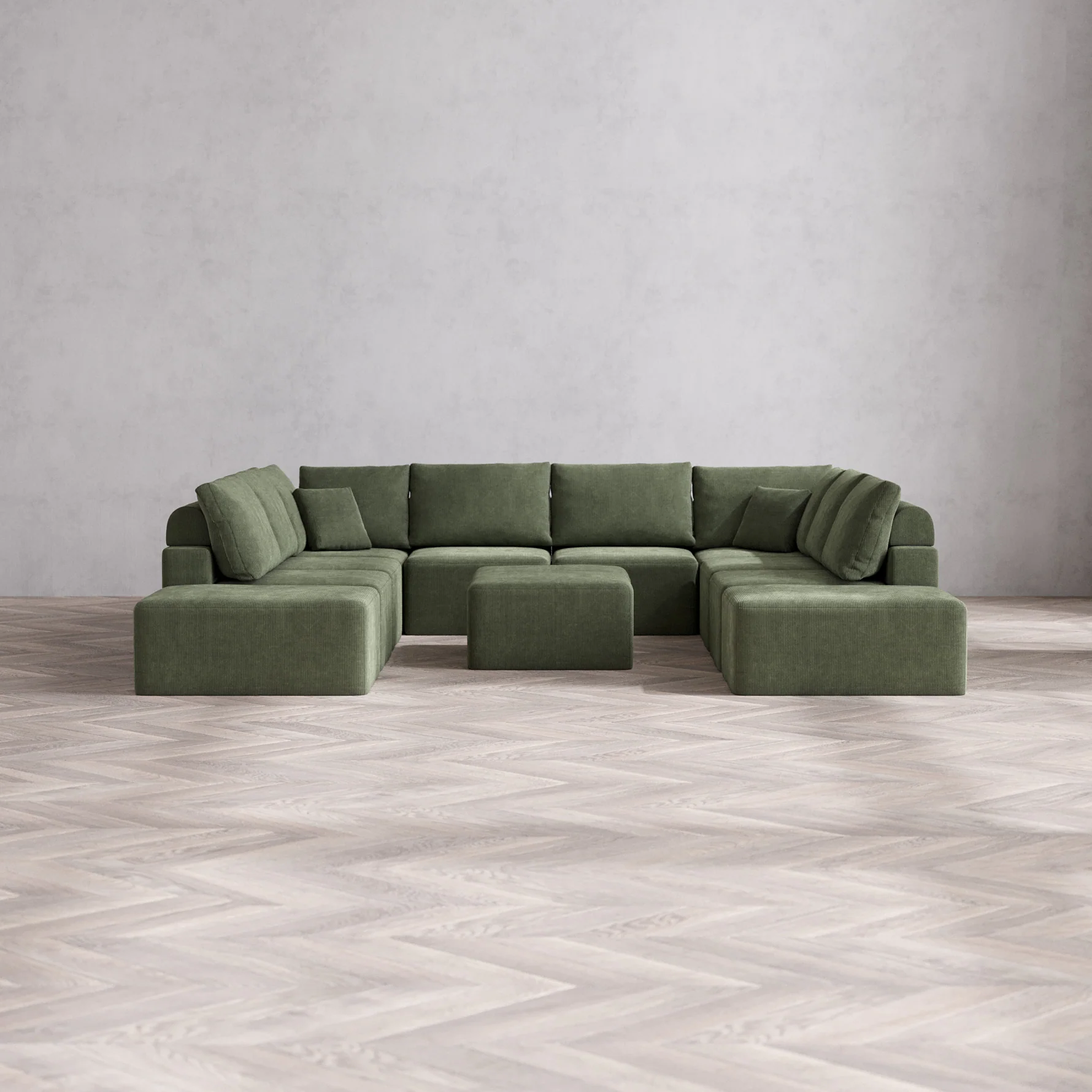 Slipcover Only - Modular Washable 10-Seater Open-Ends U Sectional + Chaise Ottoman Cloud + Bolster Sofa in Juniper