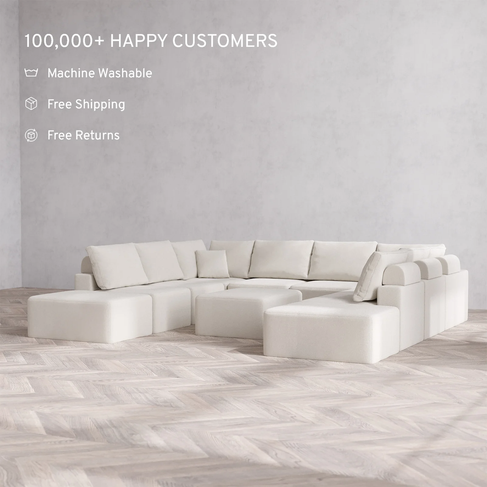 Slipcover Only - Modular Washable 10-Seater Open-Ends U Sectional + Chaise Ottoman Cloud + Bolster Sofa in Pearl - Image 2