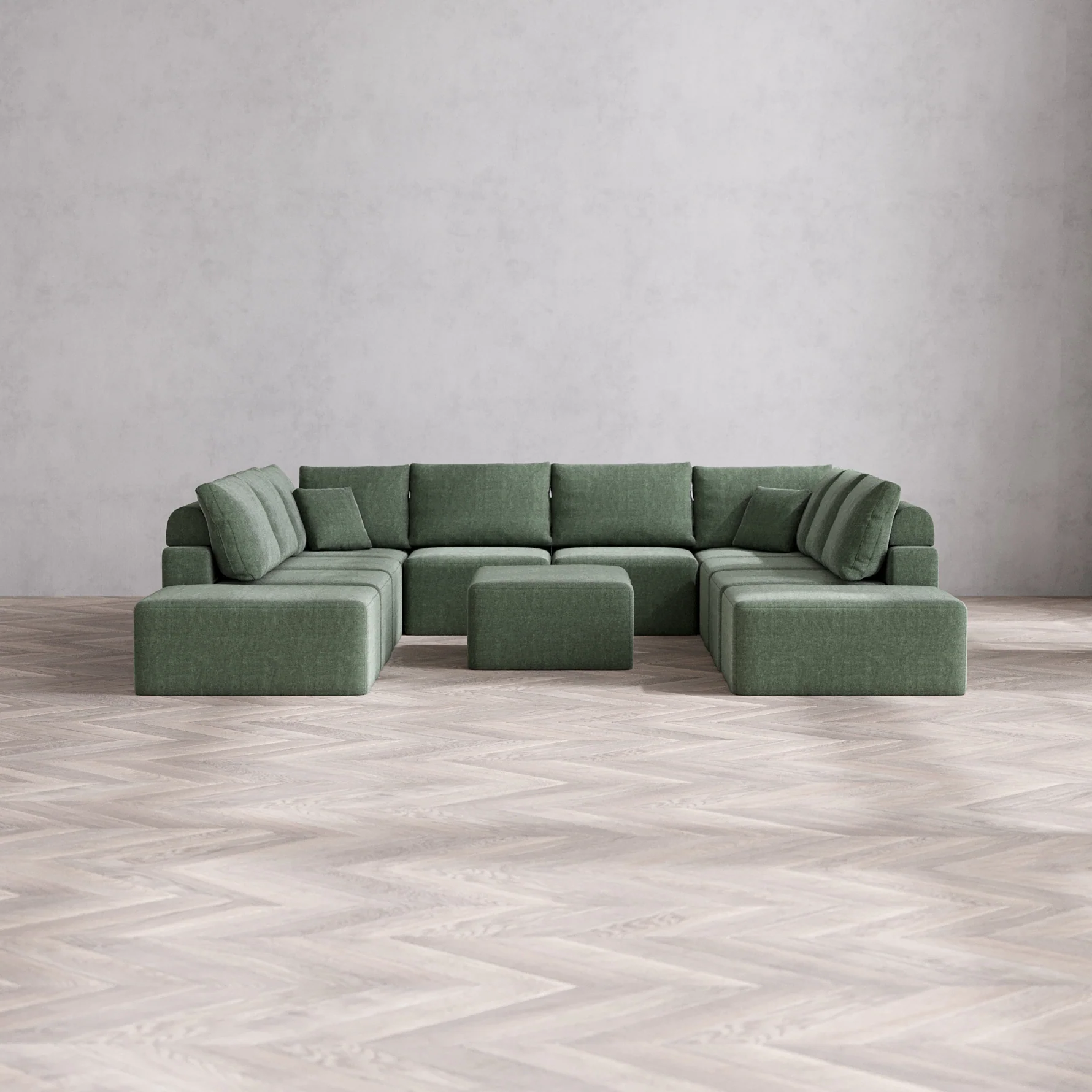 Slipcover Only - Modular Washable 10-Seater Open-Ends U Sectional + Chaise Ottoman Cloud + Bolster Sofa in Sage