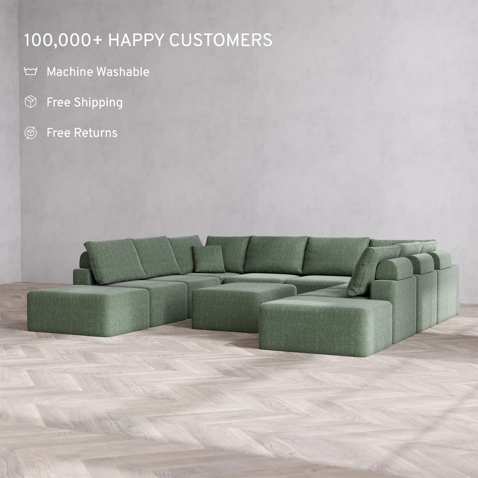 Slipcover Only - Modular Washable 10-Seater Open-Ends U Sectional + Chaise Ottoman Cloud + Bolster Sofa in Sage - Image 2