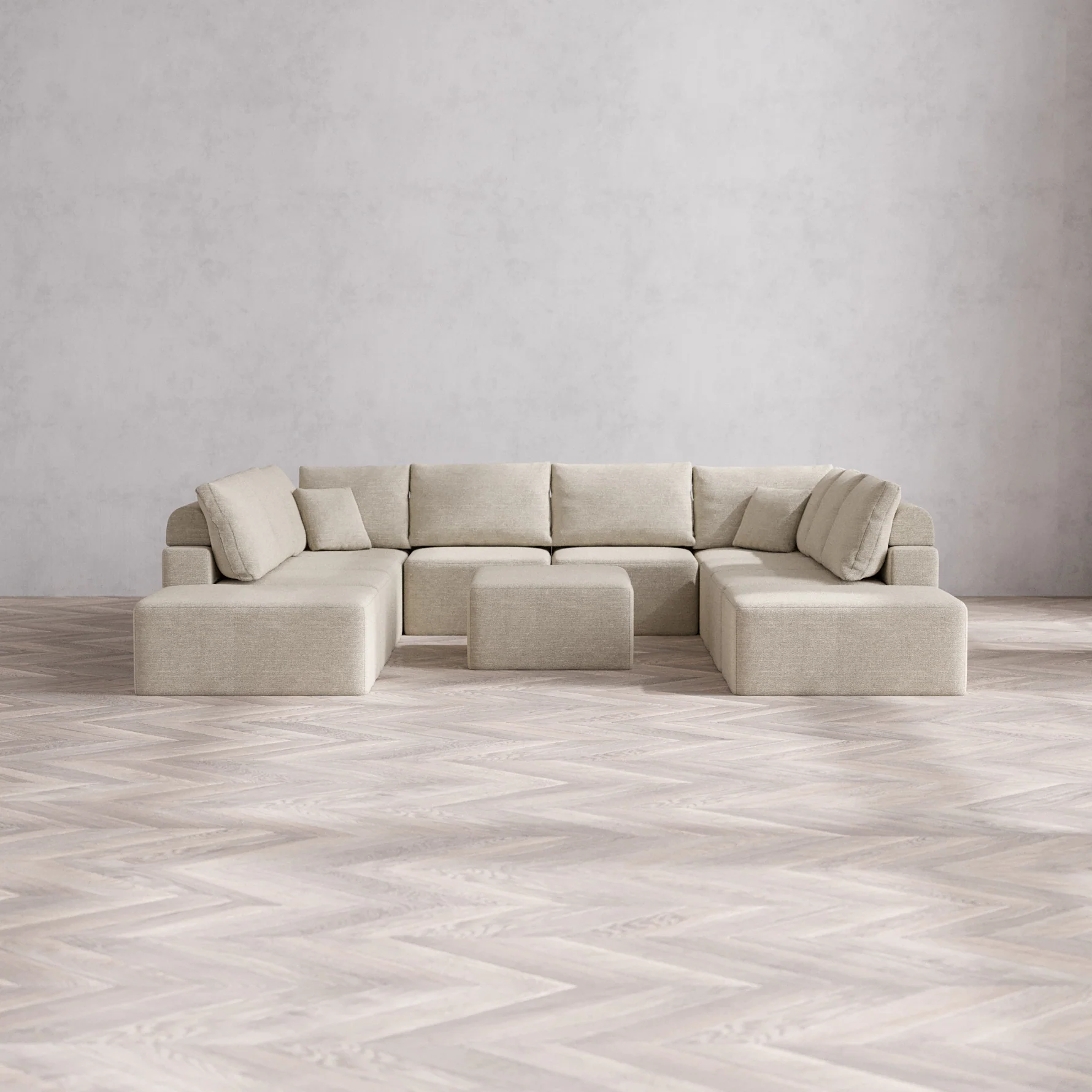 Slipcover Only - Modular Washable 10-Seater Open-Ends U Sectional + Chaise Ottoman Cloud + Bolster Sofa in Sandstone