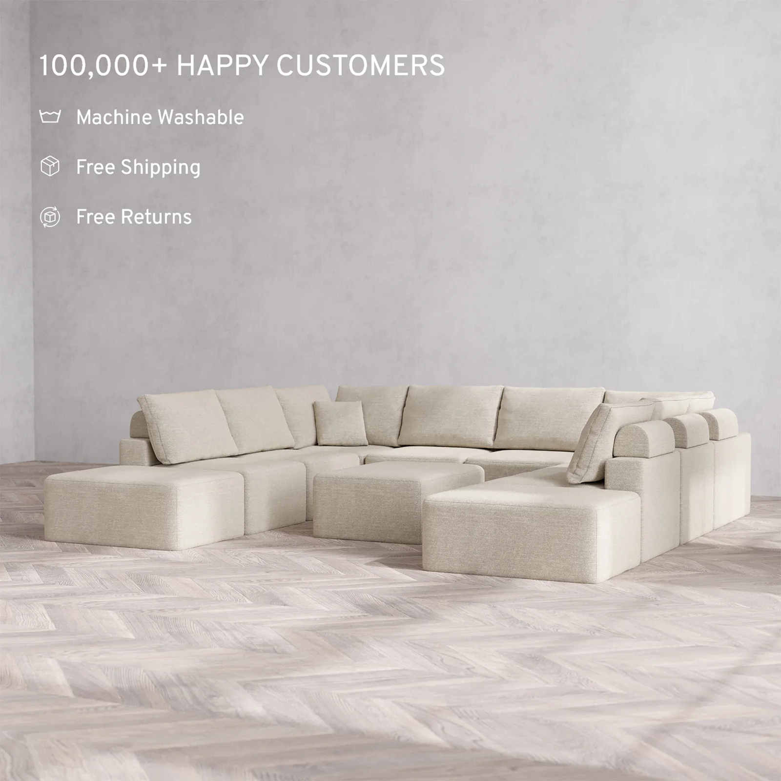Slipcover Only - Modular Washable 10-Seater Open-Ends U Sectional + Chaise Ottoman Cloud + Bolster Sofa in Sandstone - Image 2