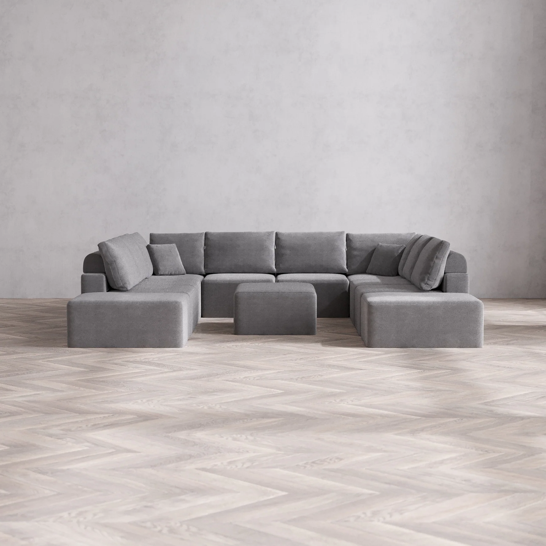 Slipcover Only - Modular Washable 10-Seater Open-Ends U Sectional + Chaise Ottoman Cloud + Bolster Sofa in Slate